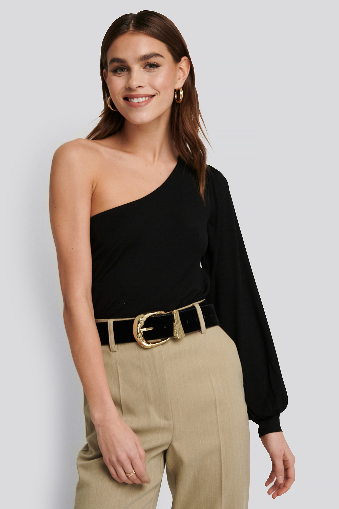 One Shoulder Balloon Sleeve Jersey Top Black