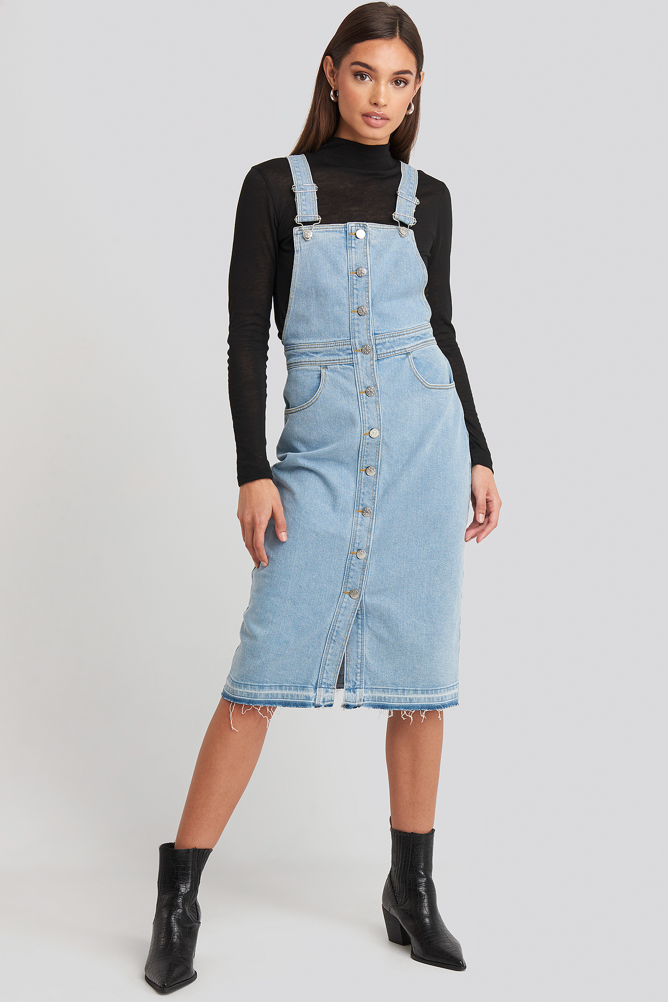 denim apron midi dress