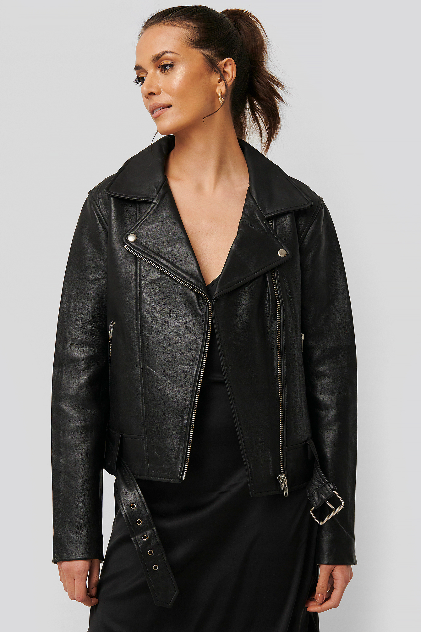 Oversized Belted Leather Jacket Black