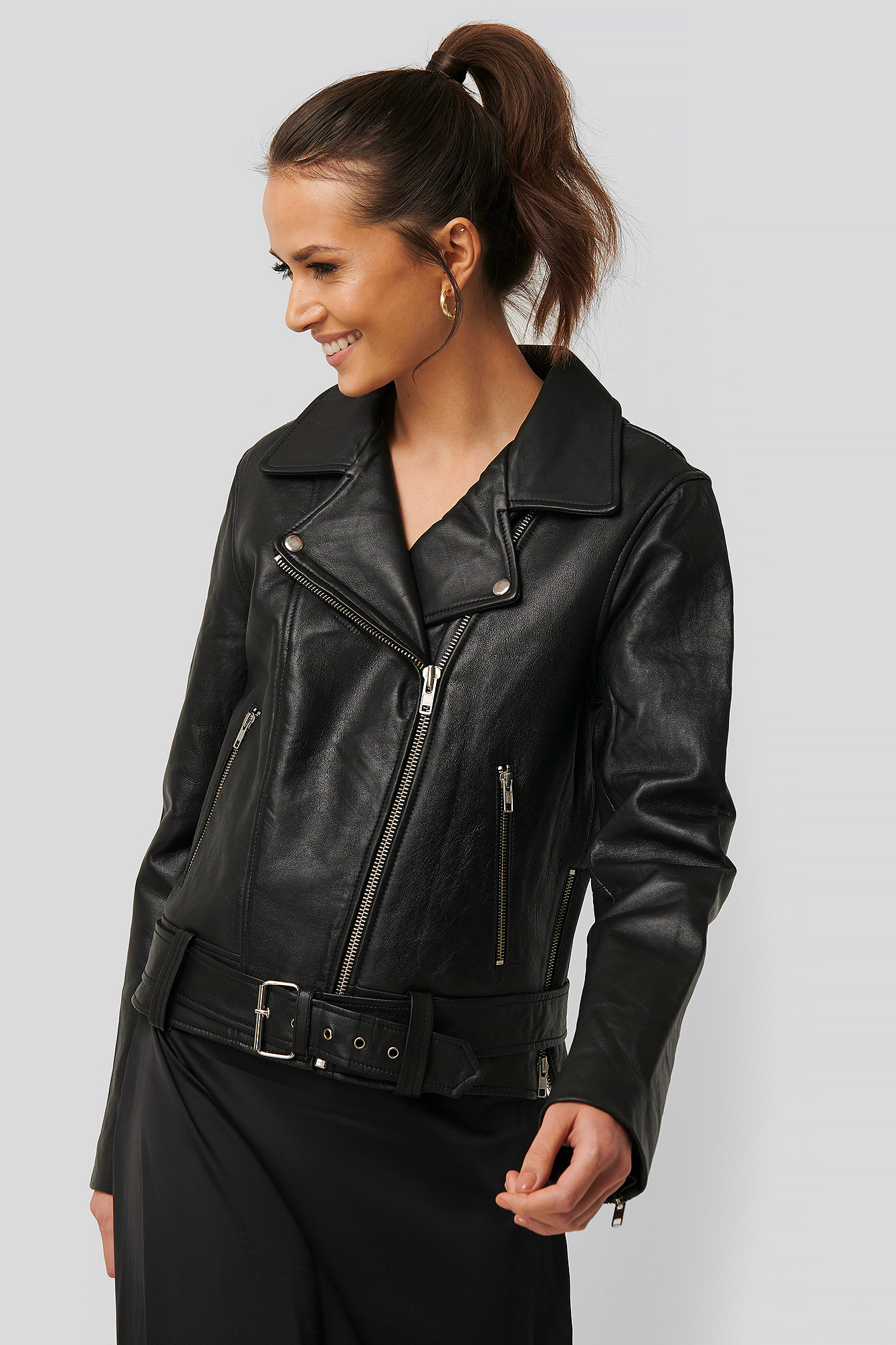 Oversized Belted Leather Jacket Black | na-kdlounge.com