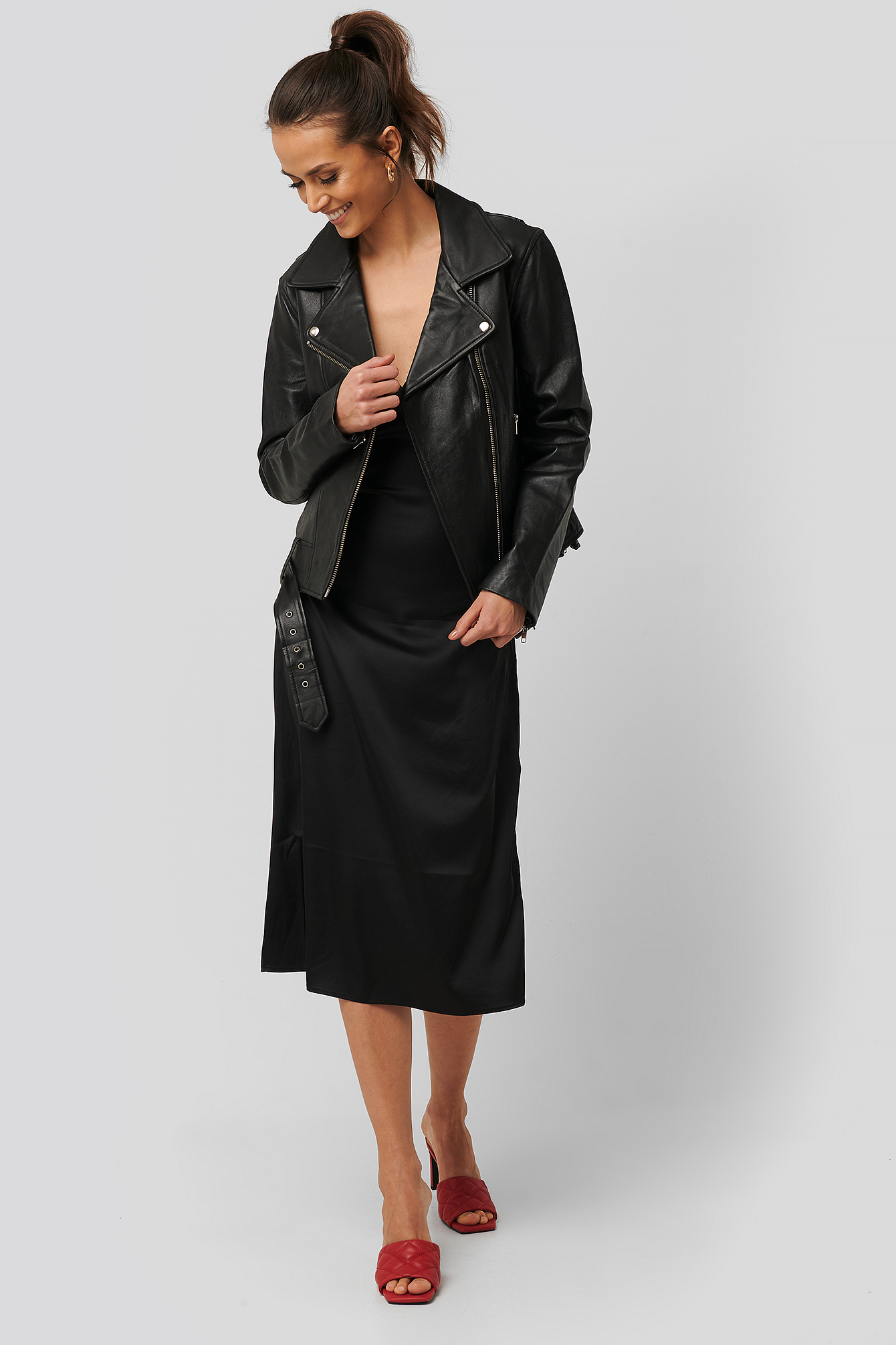 Oversized Belted Leather Jacket Black