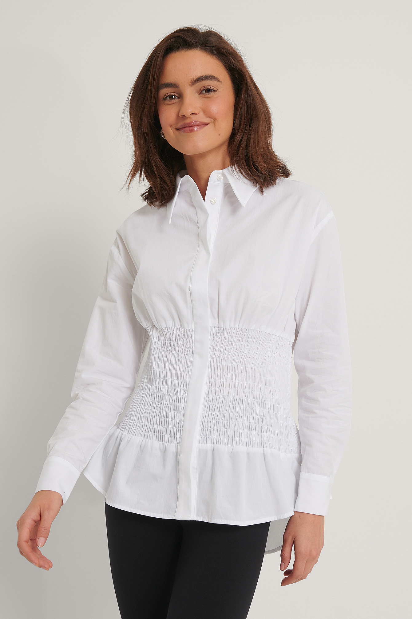 smocked white shirt