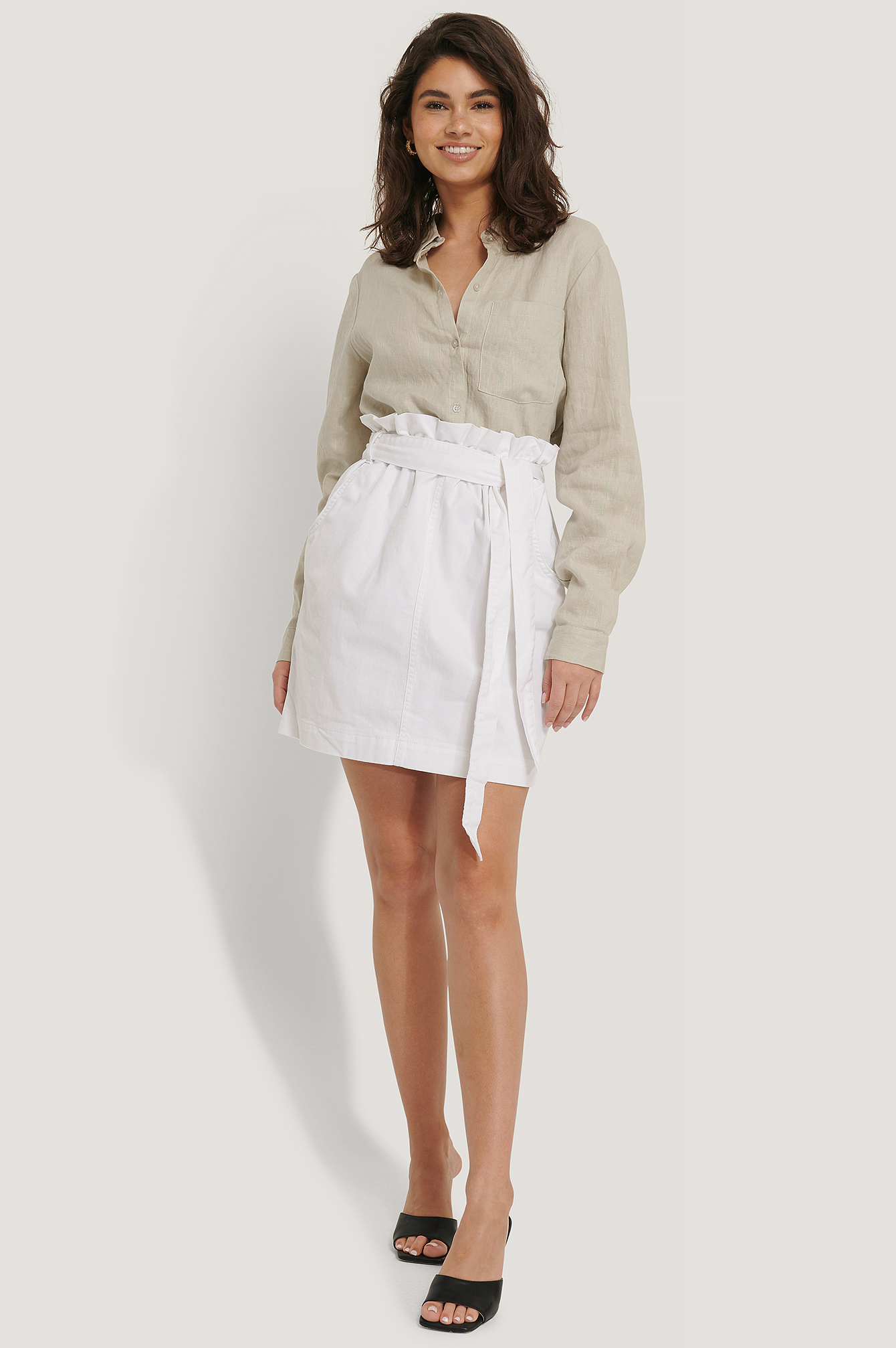 White Paper Bag Waist Denim Mini Skirt