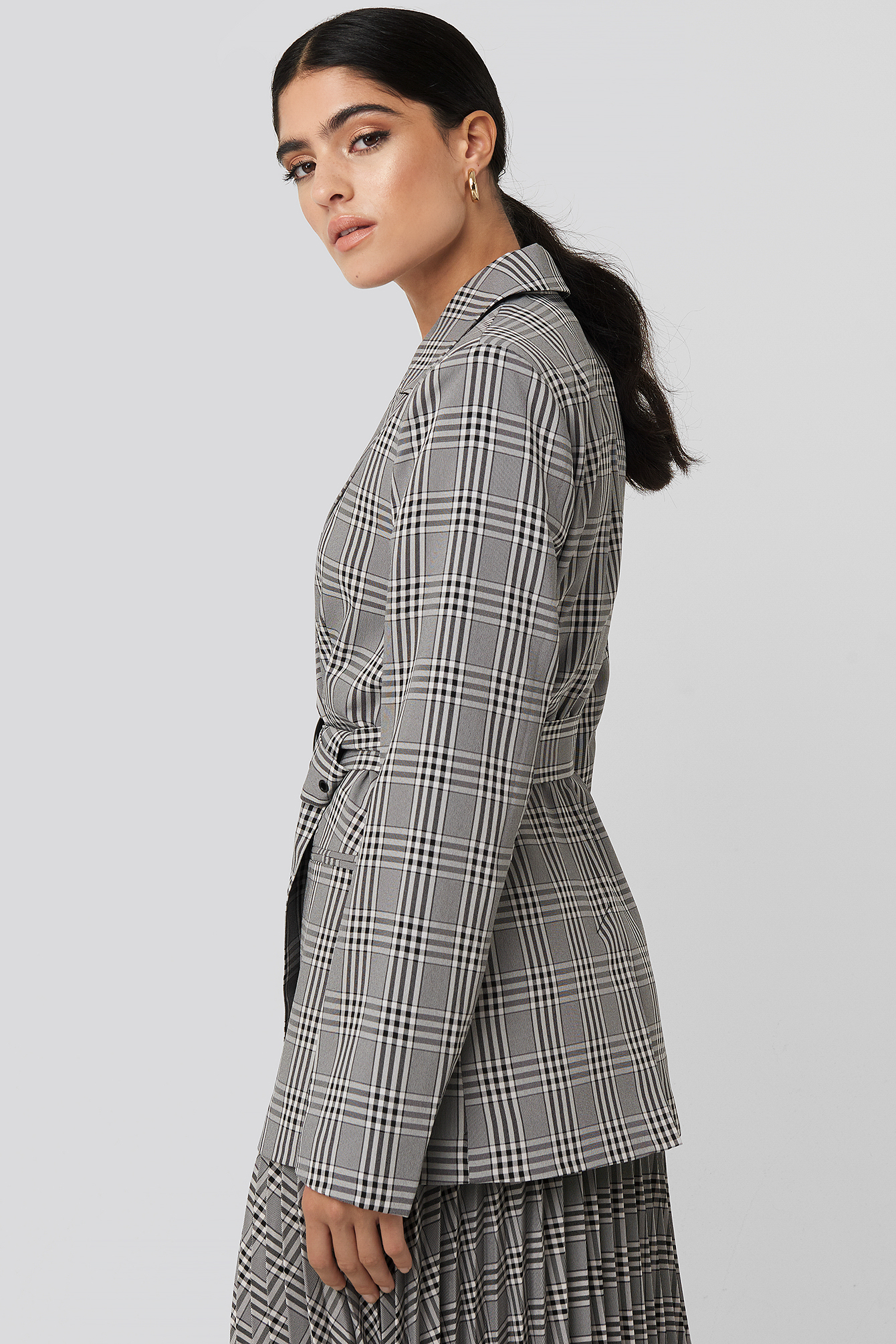 belted check blazer
