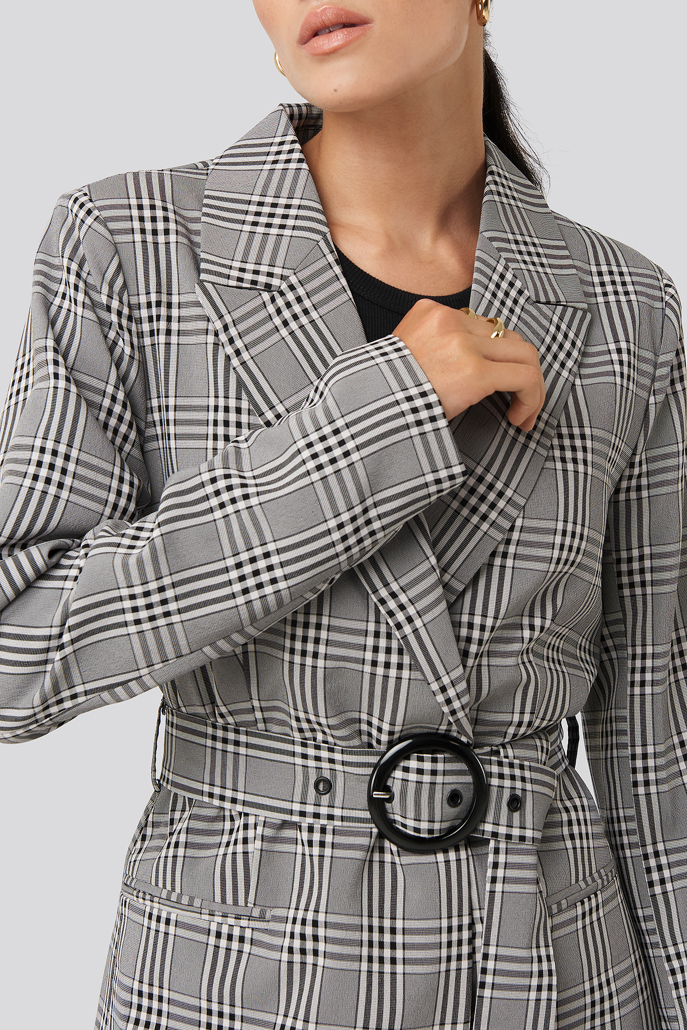 belted check blazer
