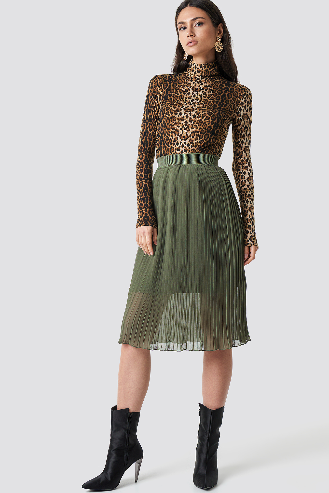 khaki green pleated midi skirt