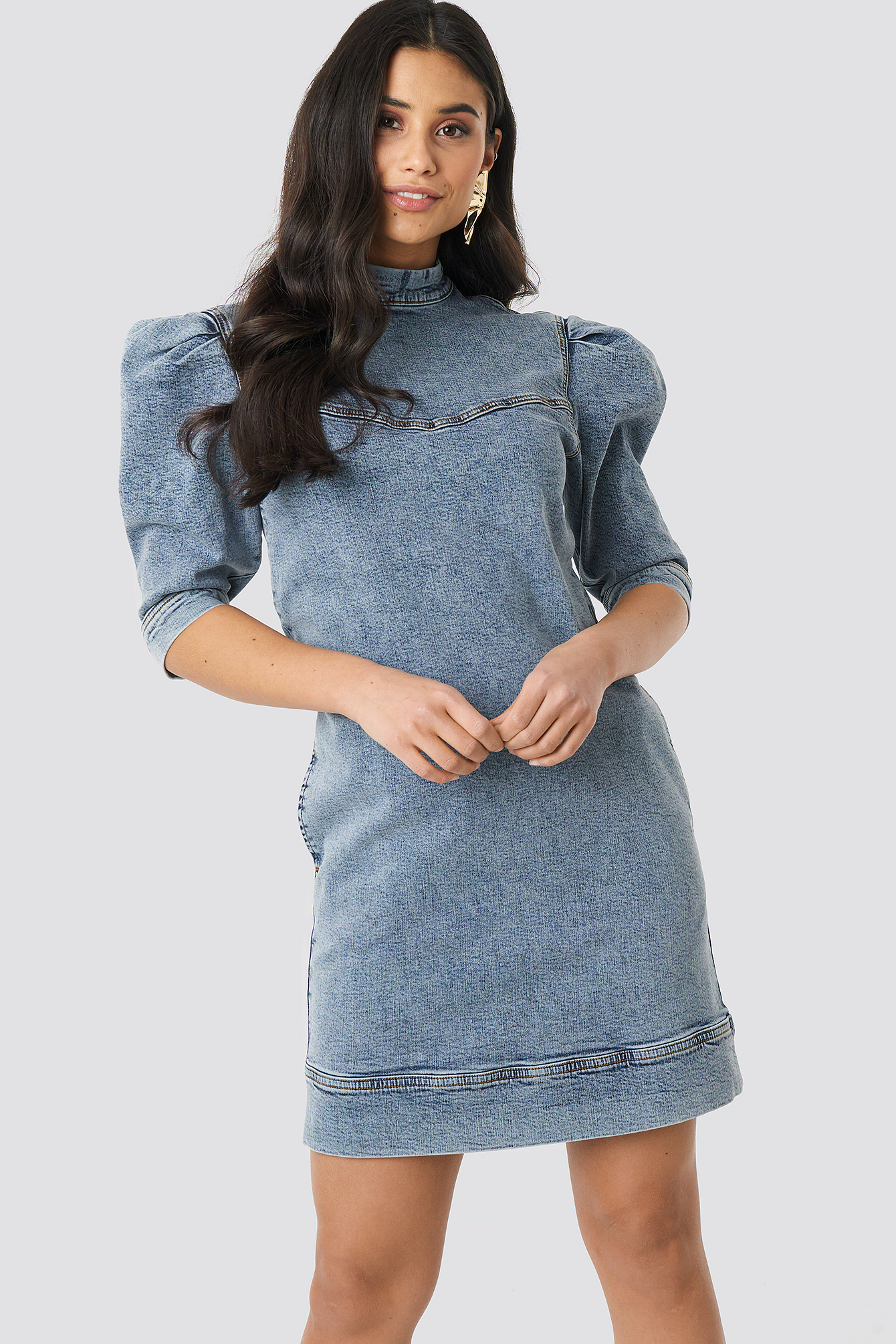 Puff Sleeve Denim Mini Dress Blue | na-kdlounge.com