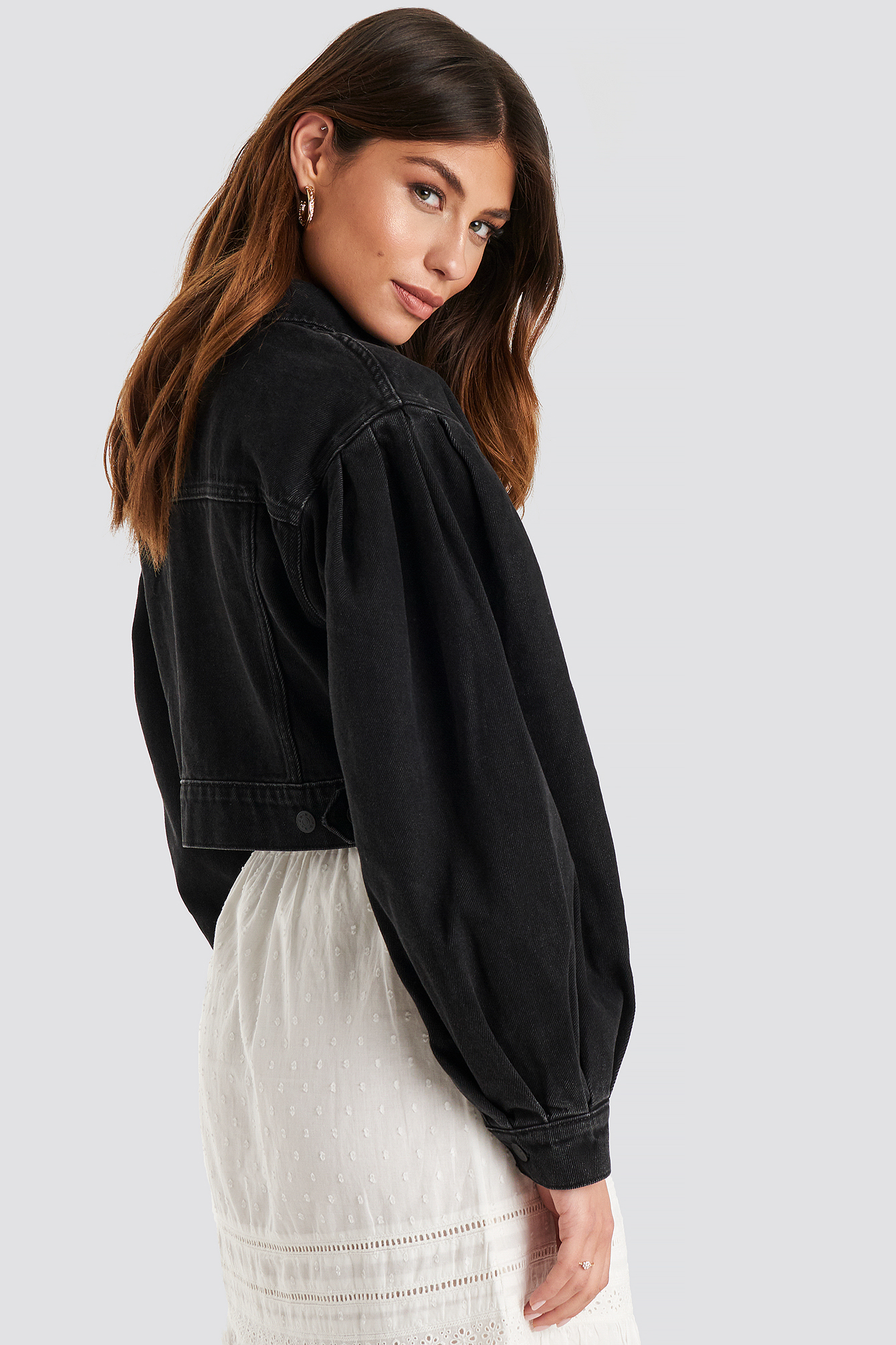Black Puff Sleeve Oversized Denim Jacket