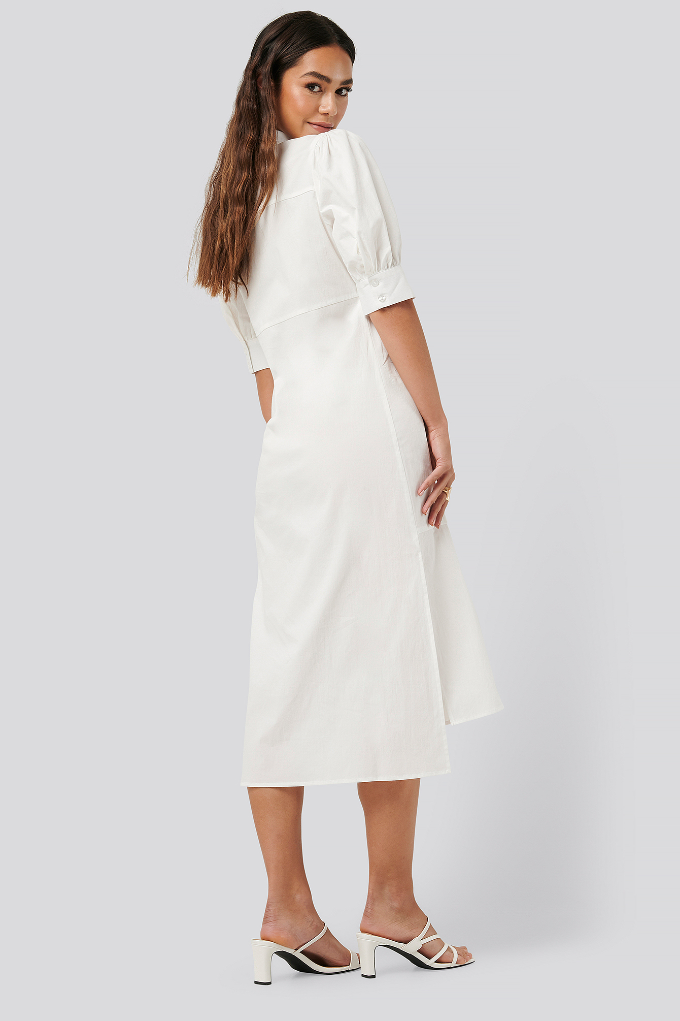 white puff sleeve midi dress