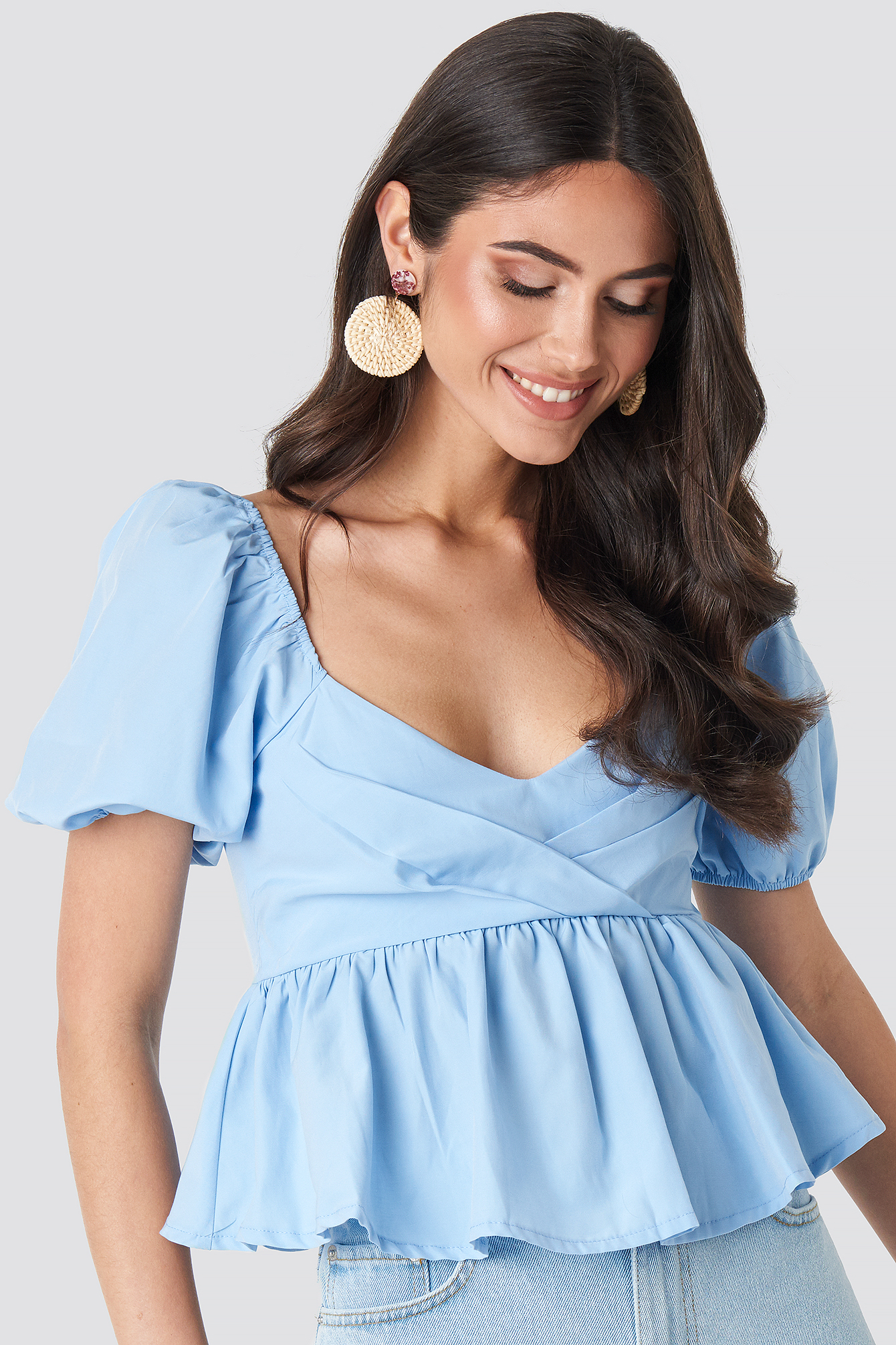 Puff Sleeve Peplum Top Blue | na 