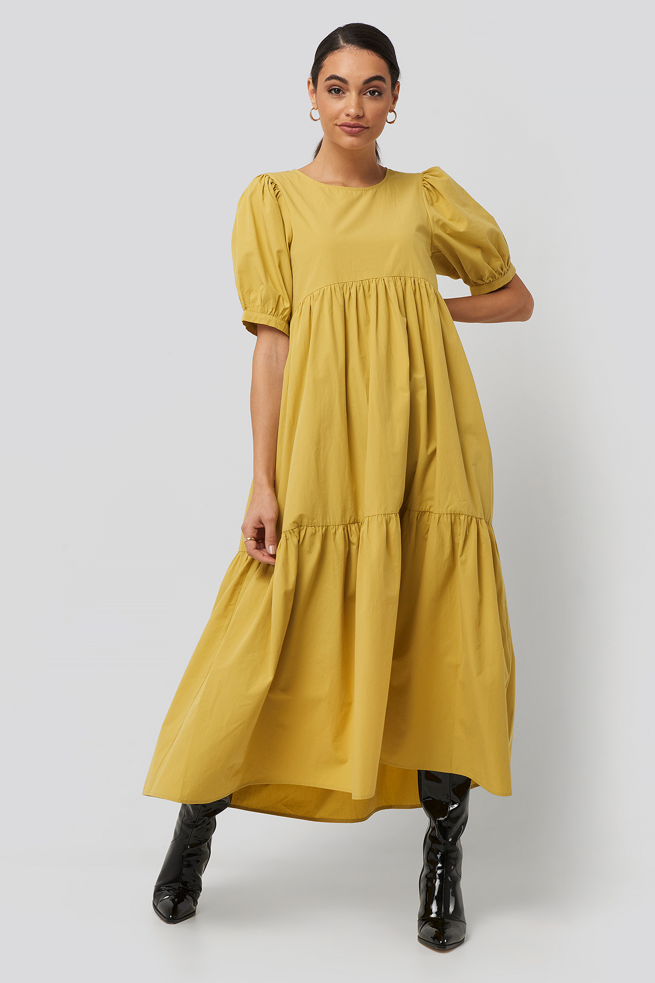 Puff Sleeve Pleated Tiered Midi Dress Żółty