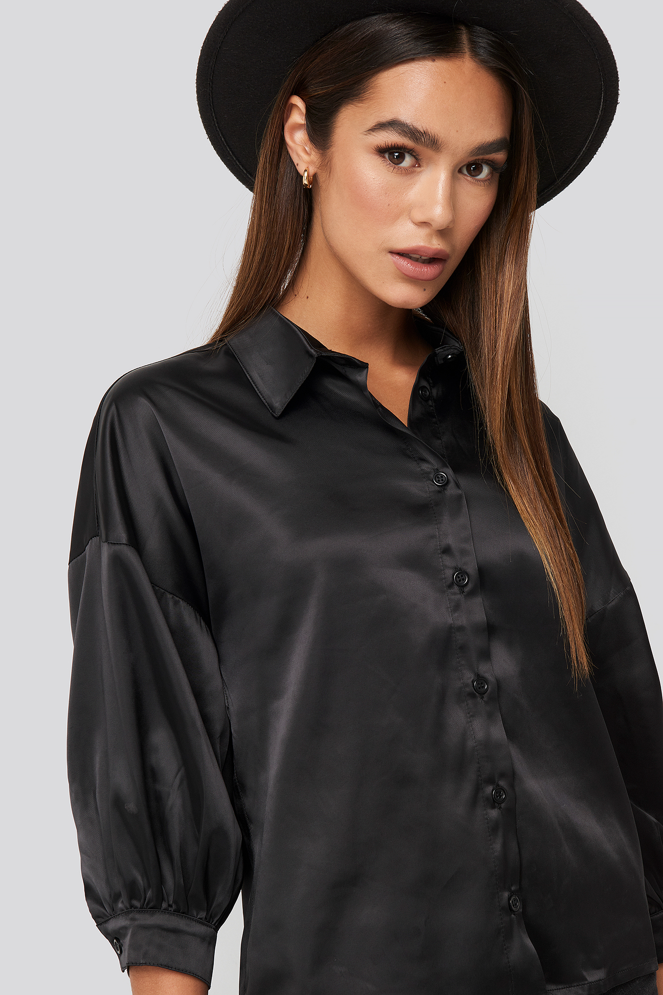 Puff Sleeve Satin Blouse Black | na-kdlounge.com