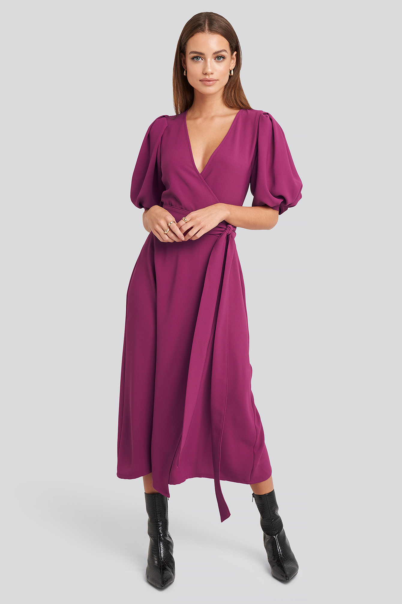 Pink Puff Sleeve Wrap Midi Dress