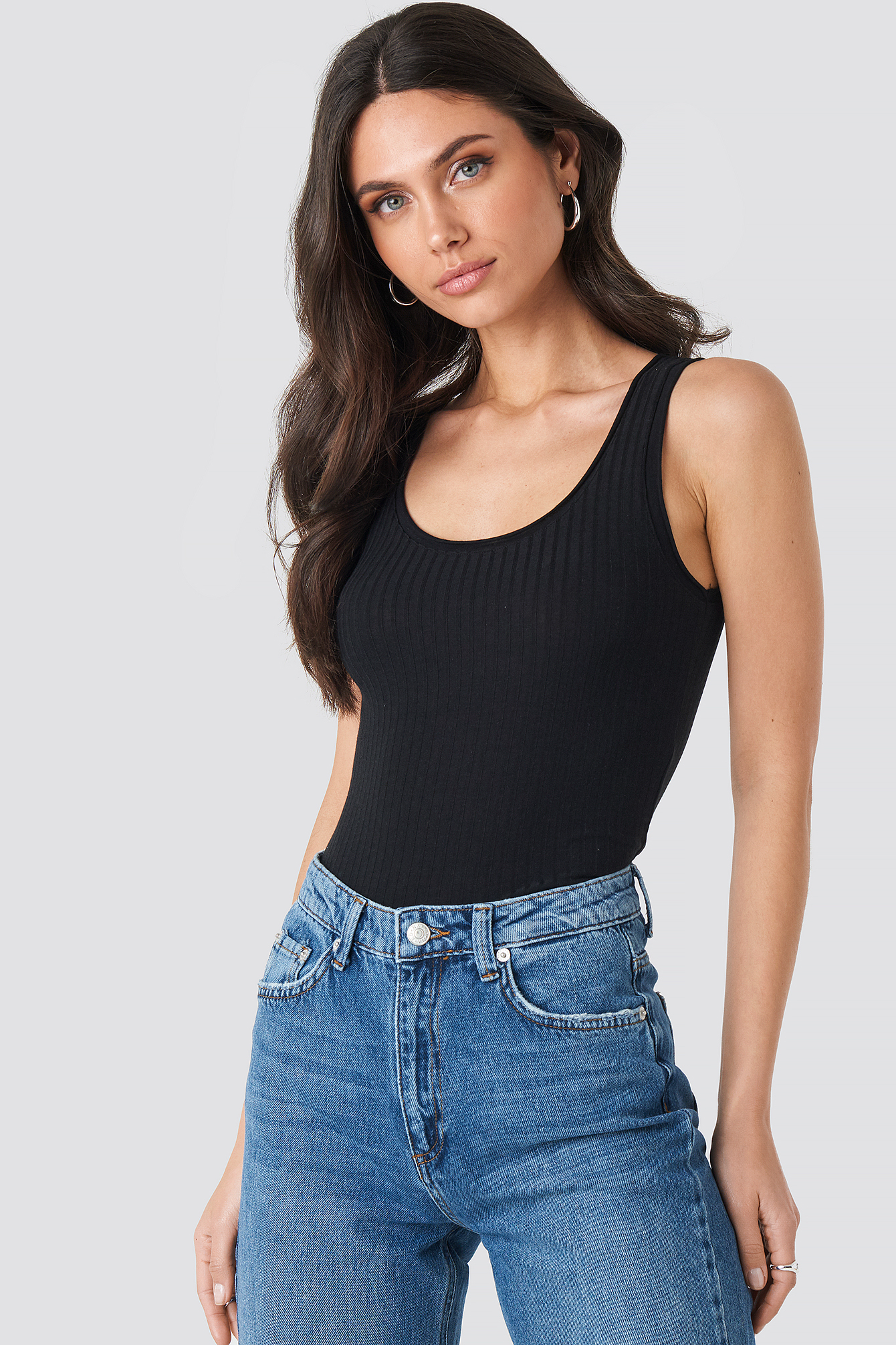 Ribbed Deep Neck Top Black