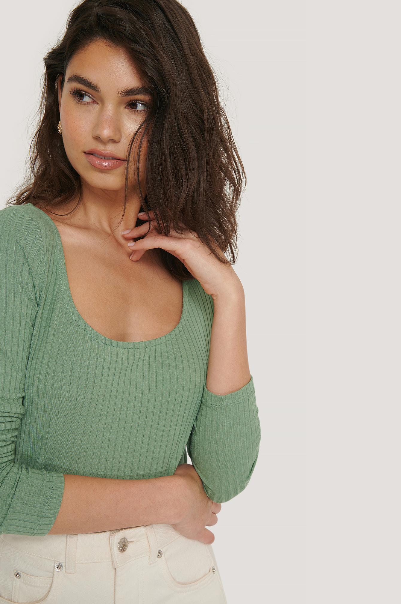 Ribbed Long Sleeve Cropped Top Green