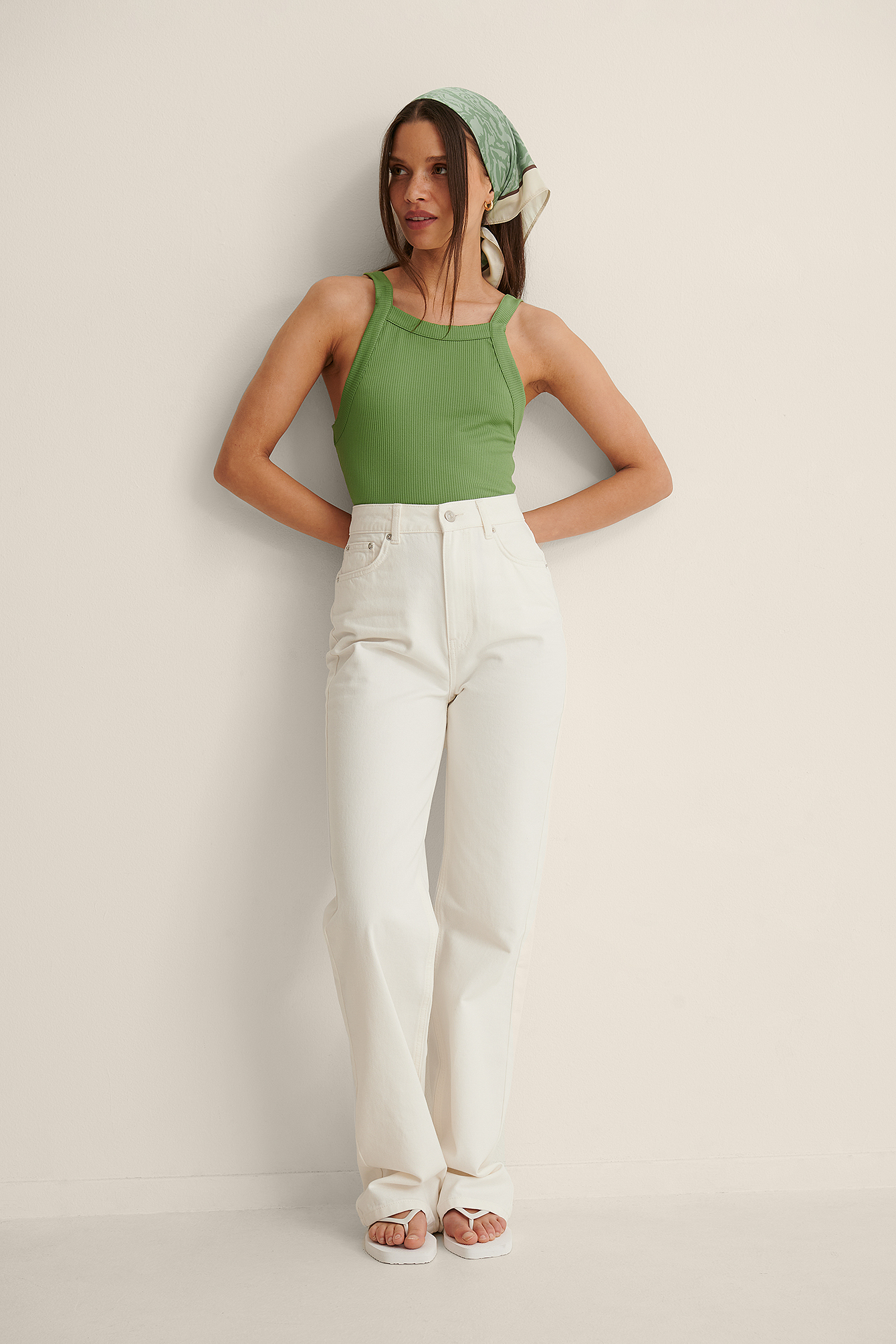 Green Ribbed Open Back Strap Top