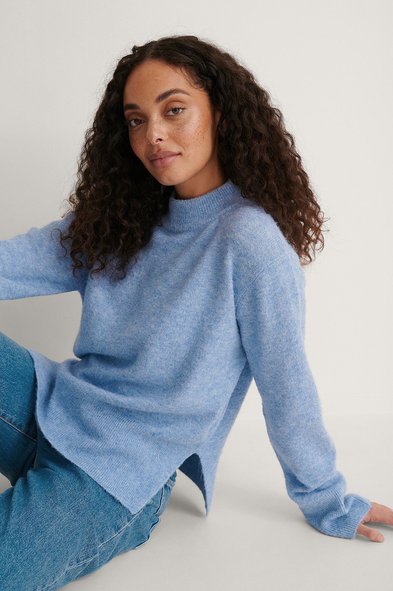 Blue Round Neck Side Slit Knitted Sweater