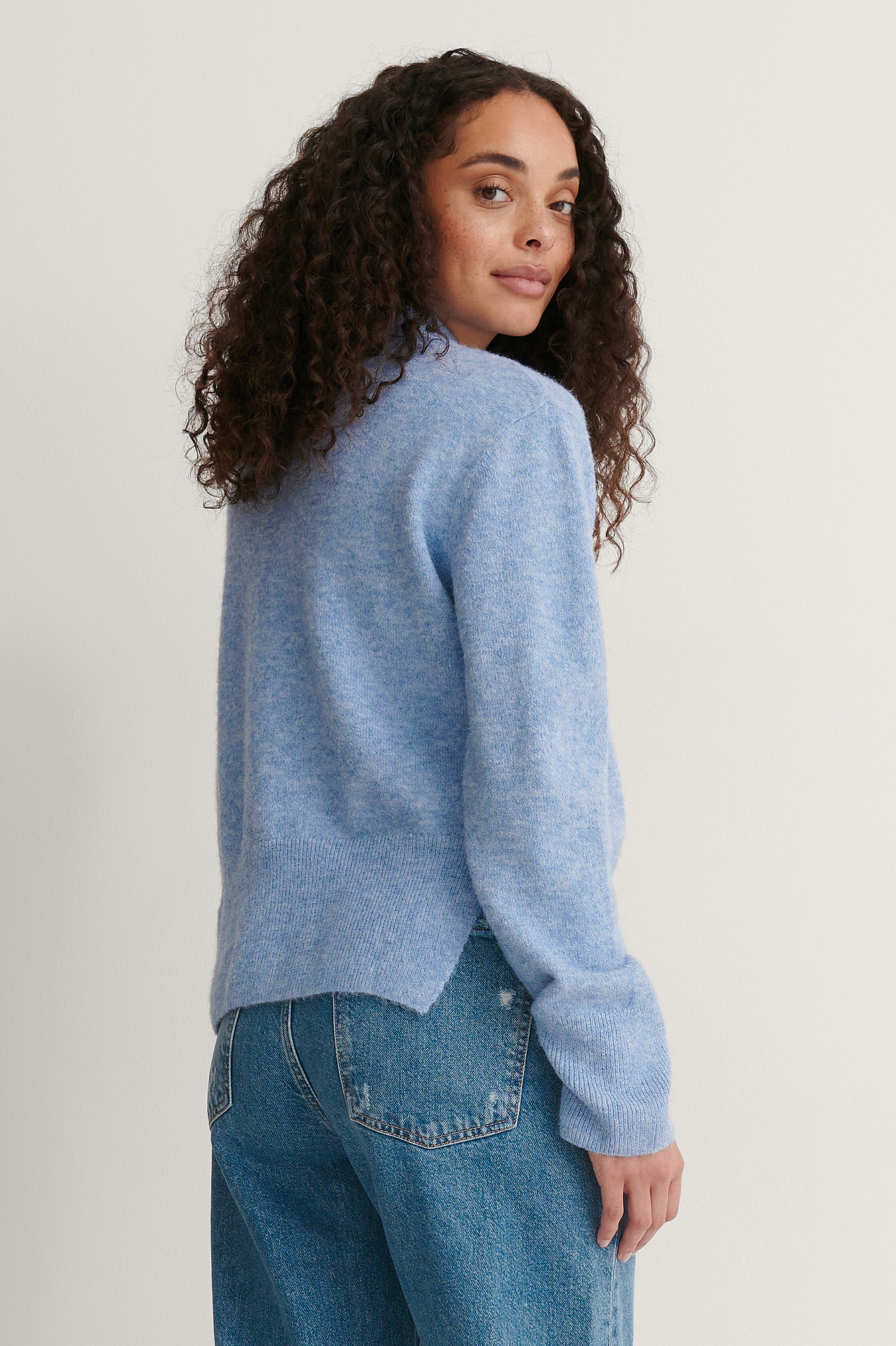 Blue Round Neck Side Slit Knitted Sweater