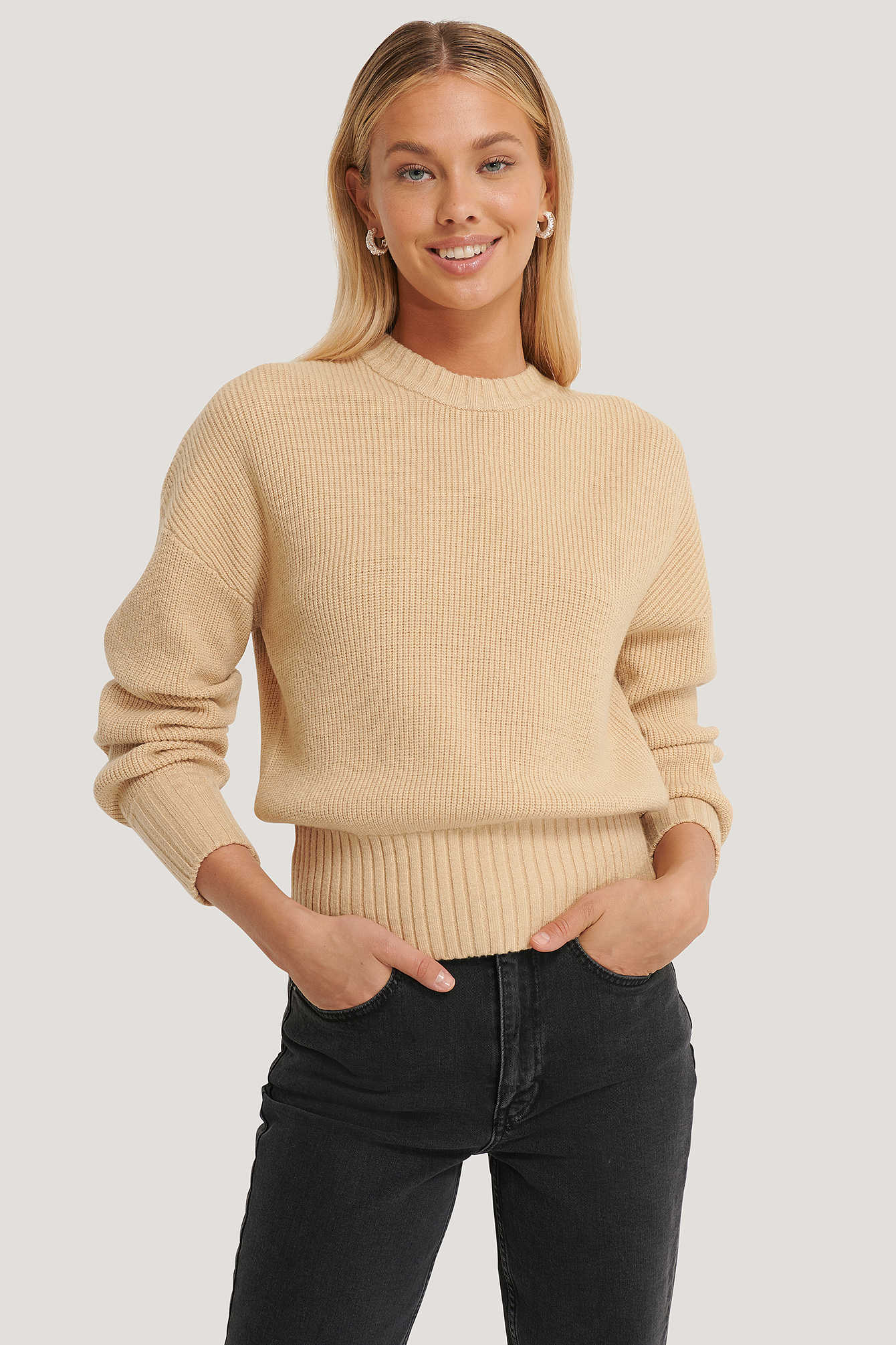 Beige Round Neck Knitted Sweater