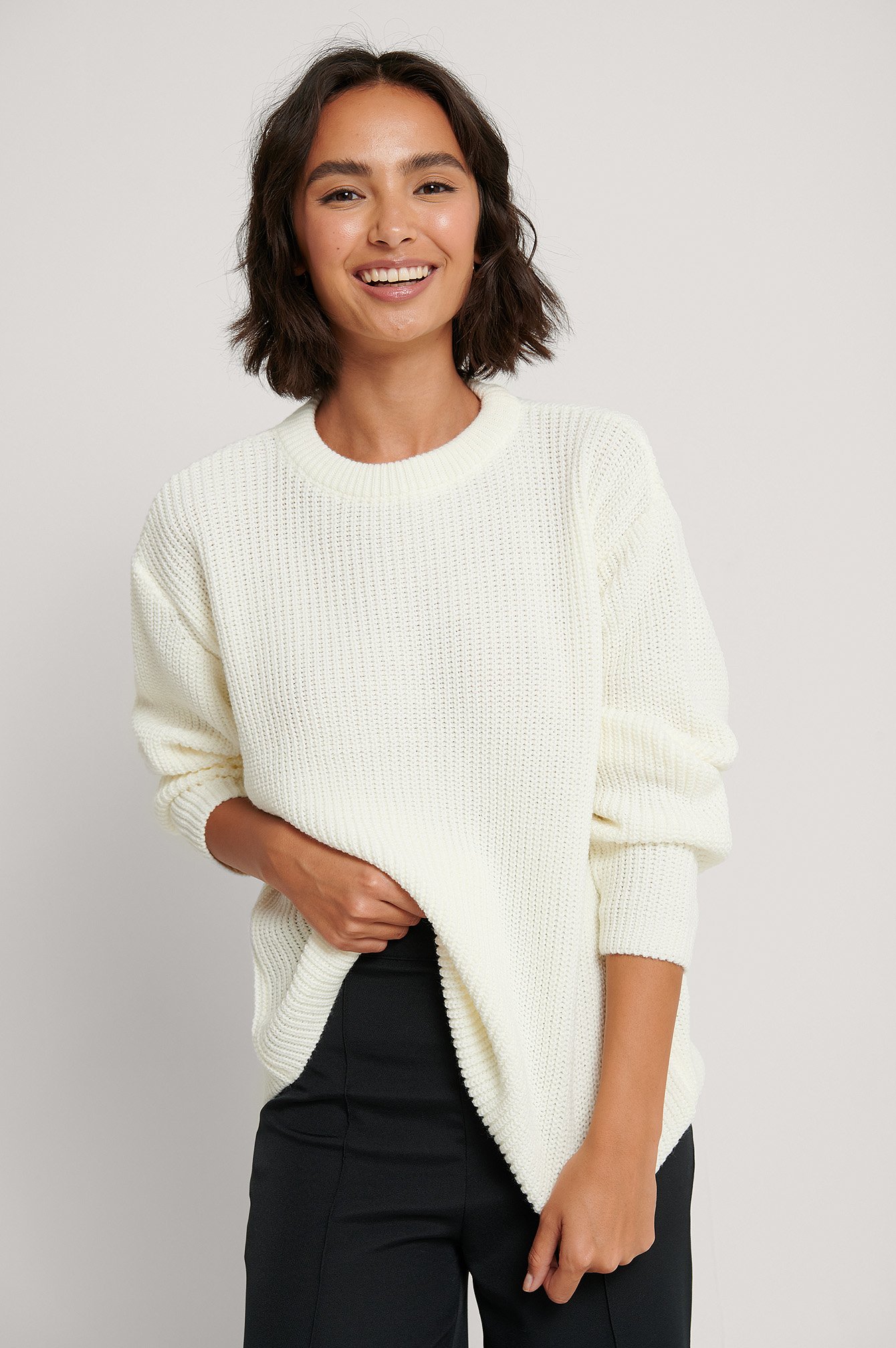 Round Neck Knitted Sweater Offwhite | na-kdlounge.com