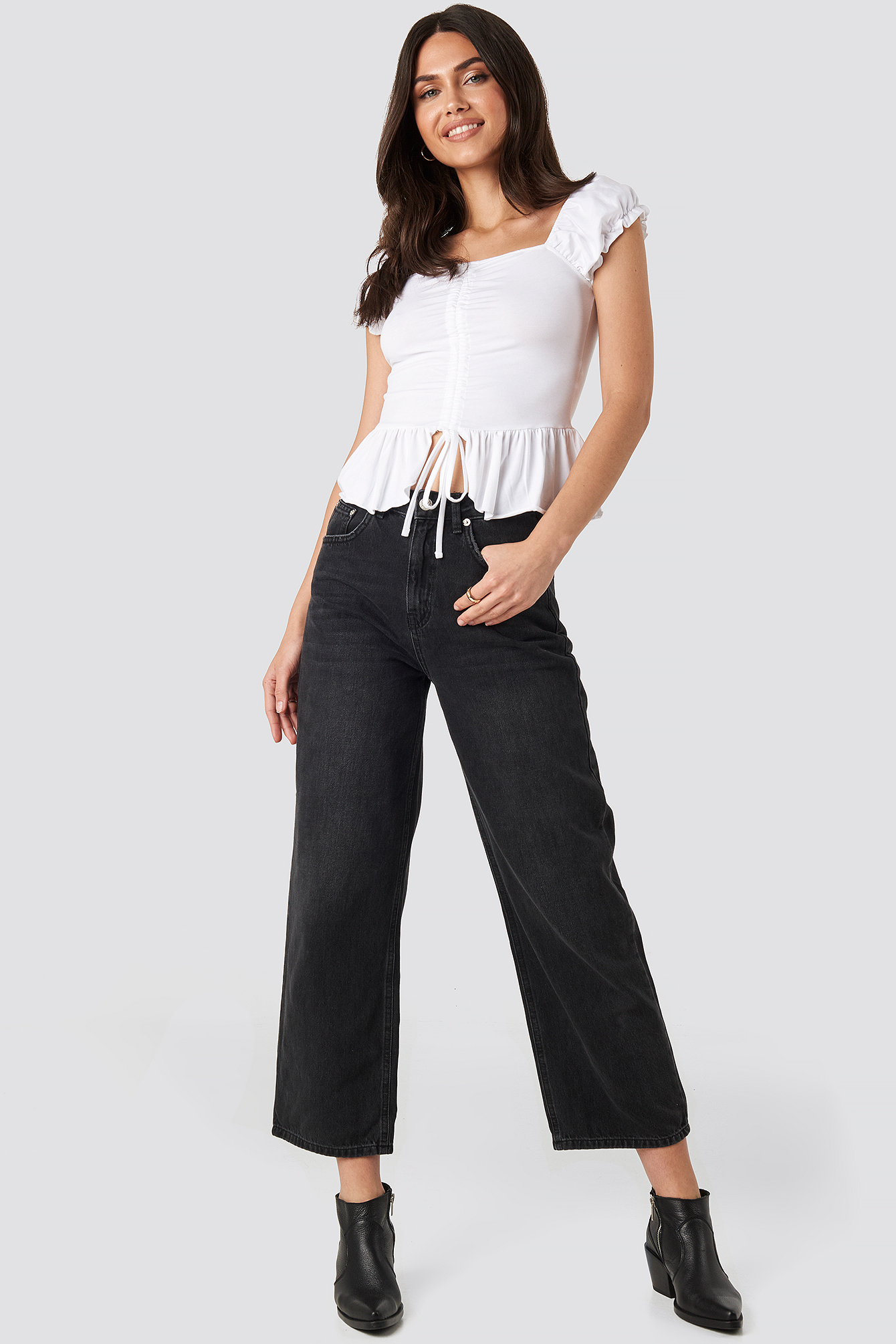 White Ruched Bardot Crop Top