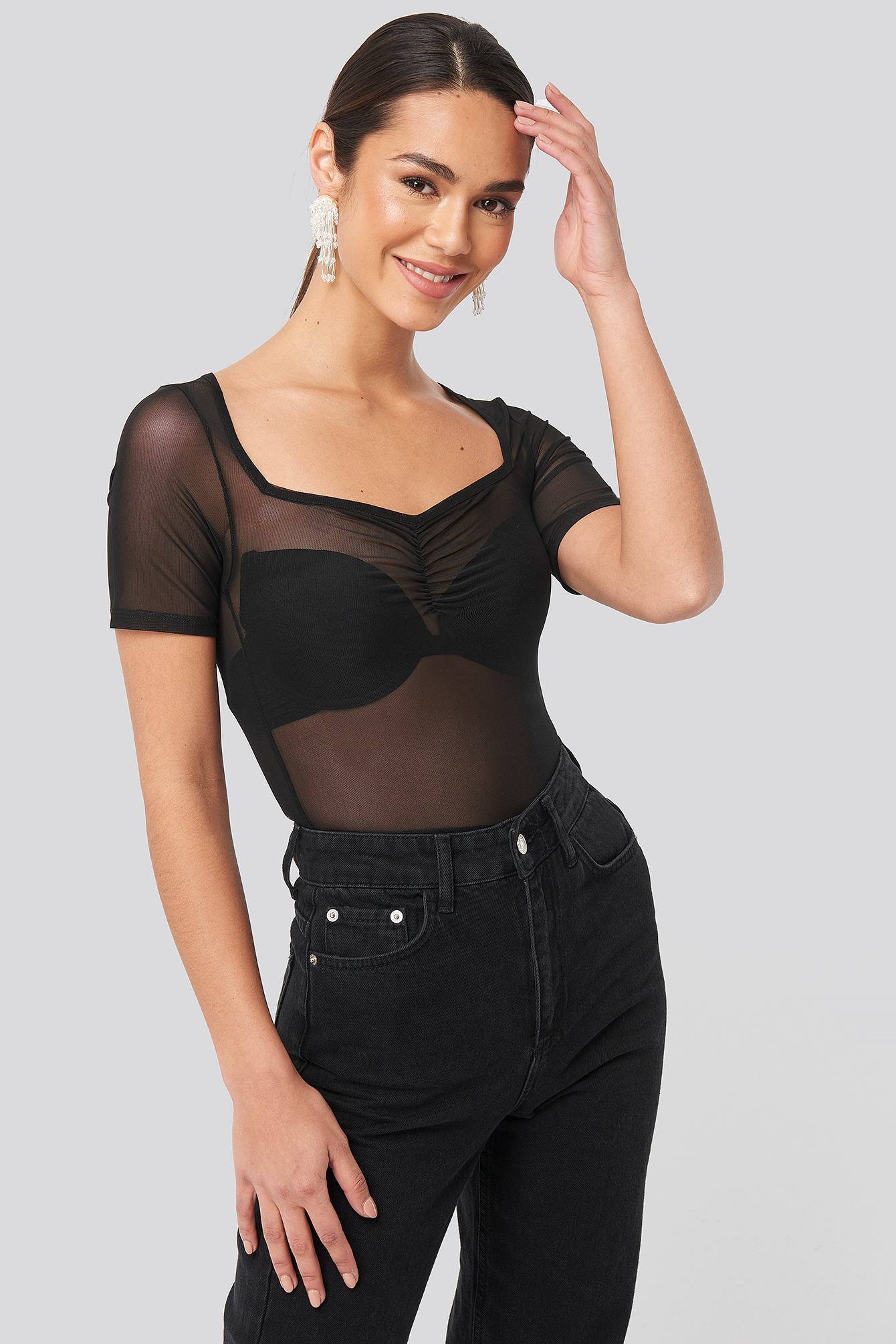 Black Rushed Front Square Neck Mesh Top