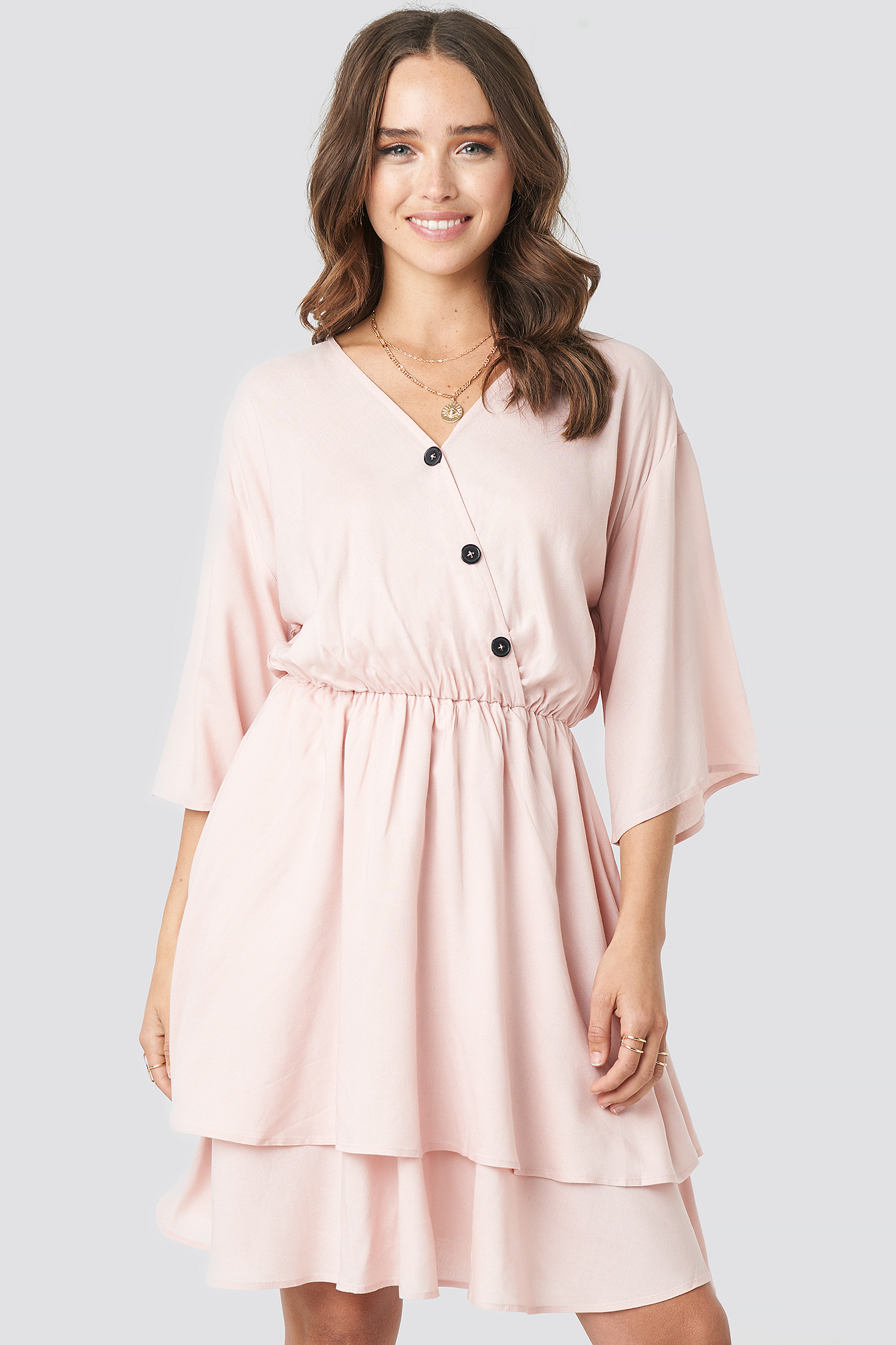 Nude Pink Contrast Button Layered Dress