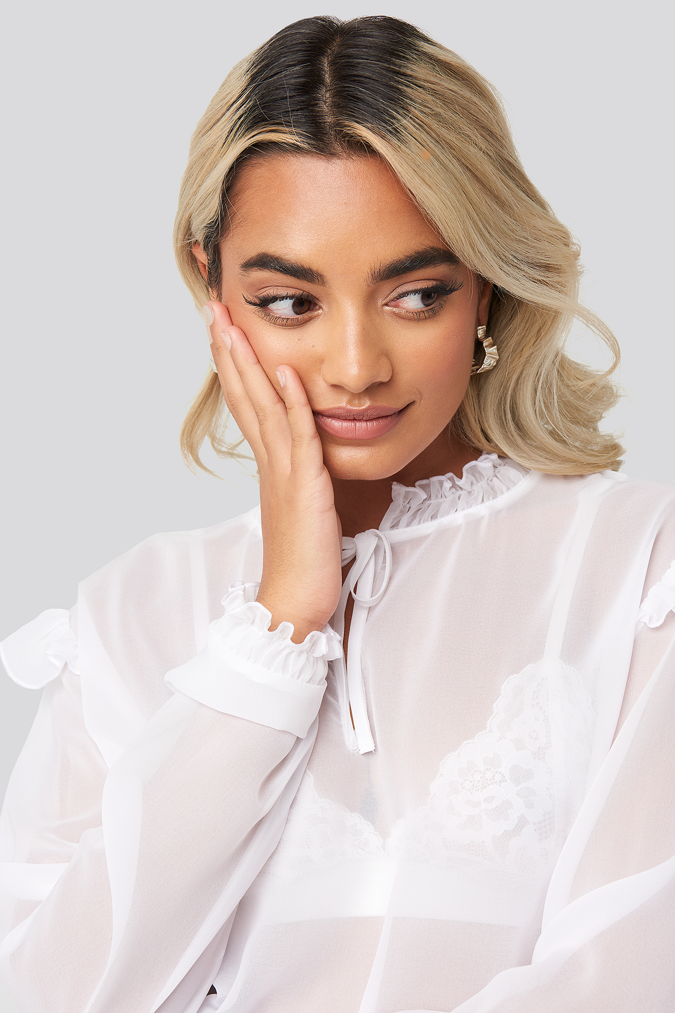 white high neck frill top