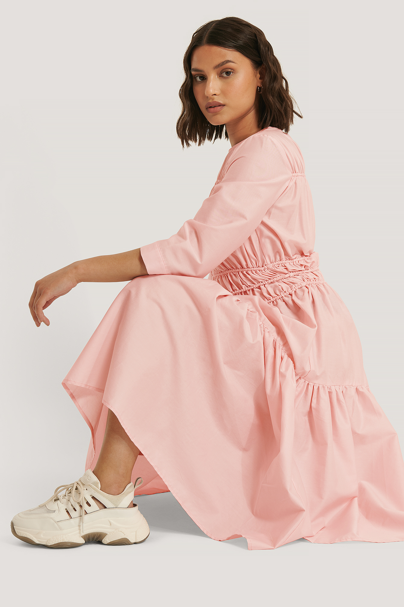 Shirred Midi Dress Pink | na-kdlounge.com