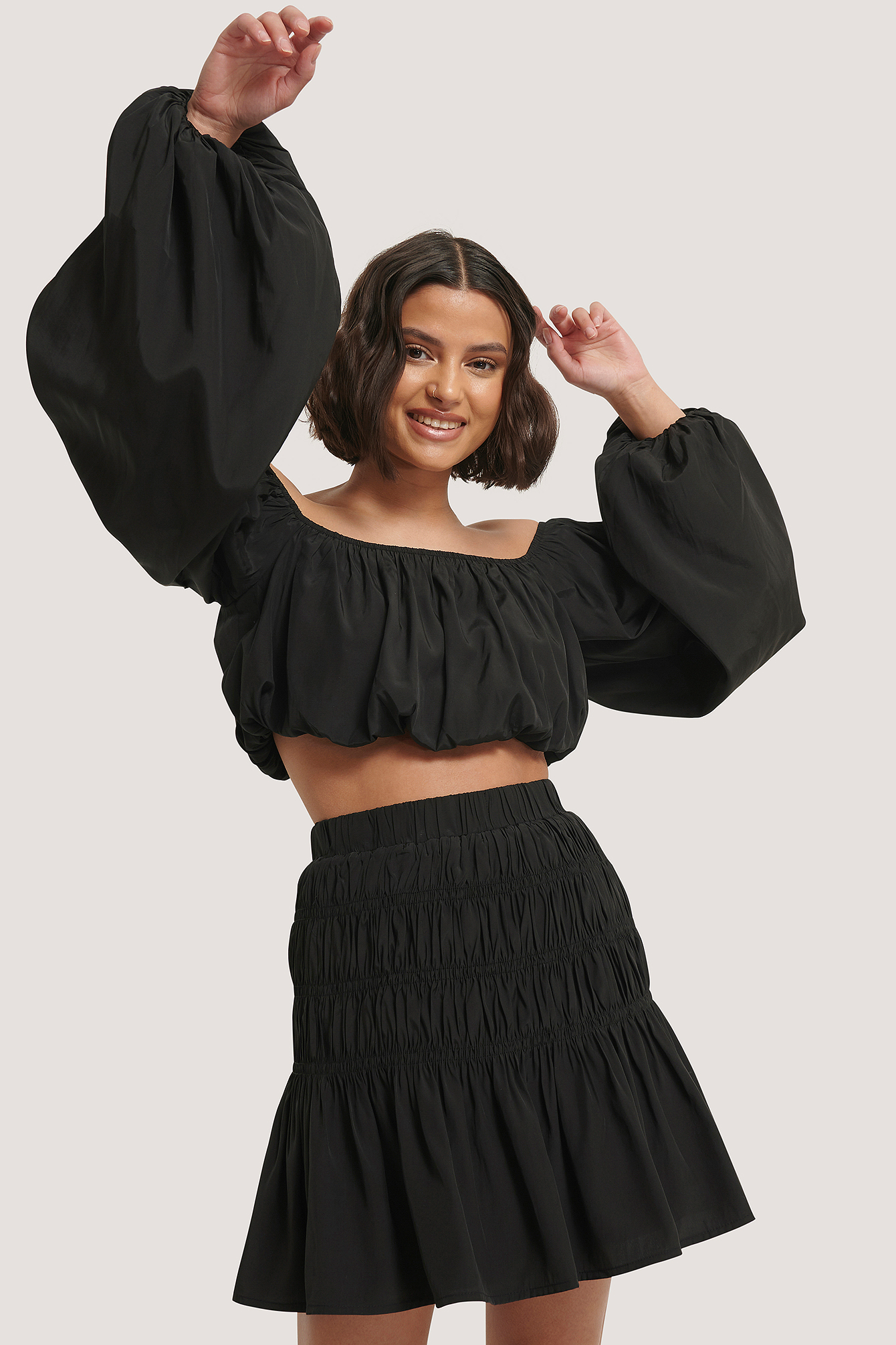 Black Shirred Mini Skirt