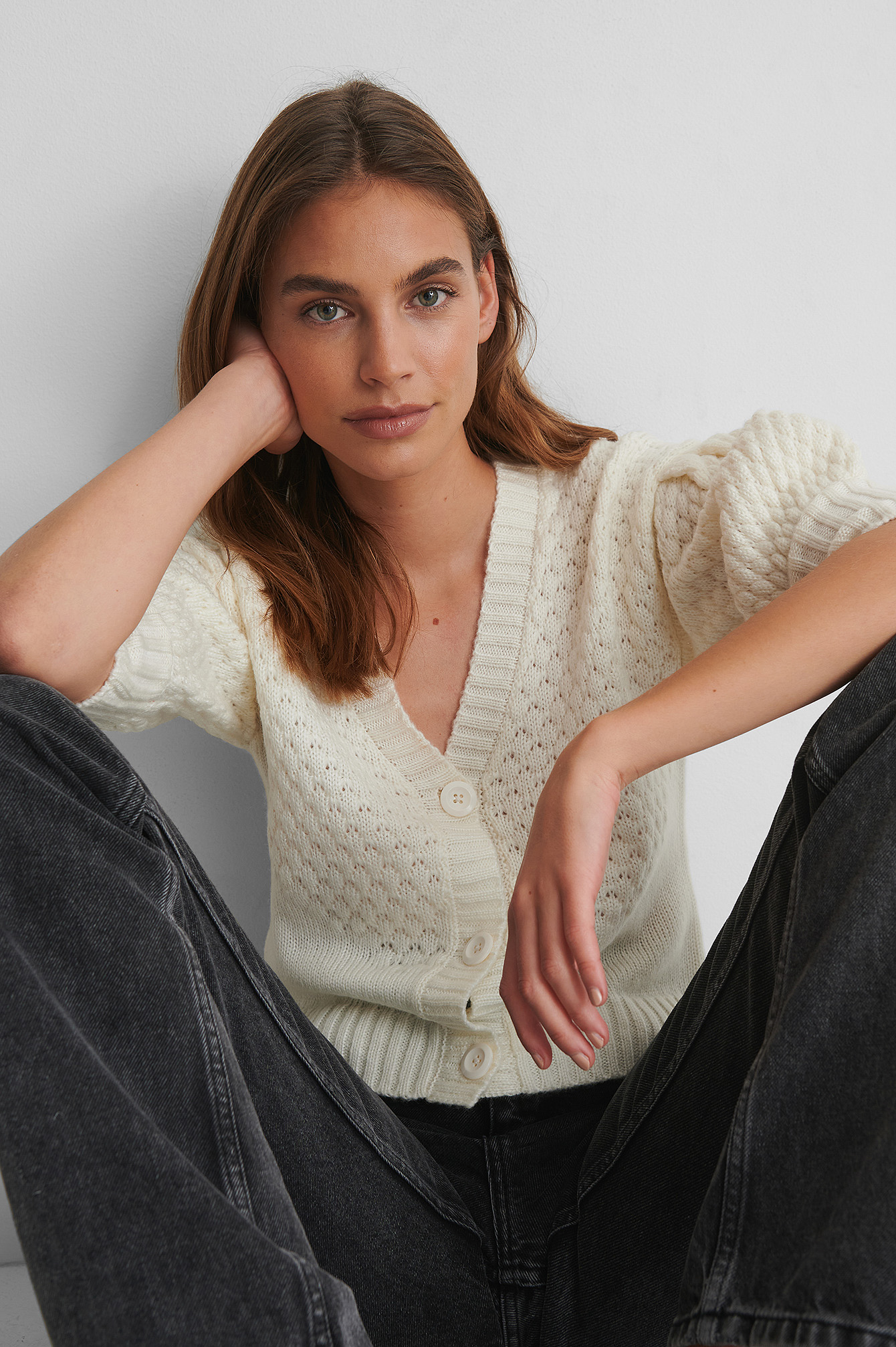 balloon sleeve white cardigan