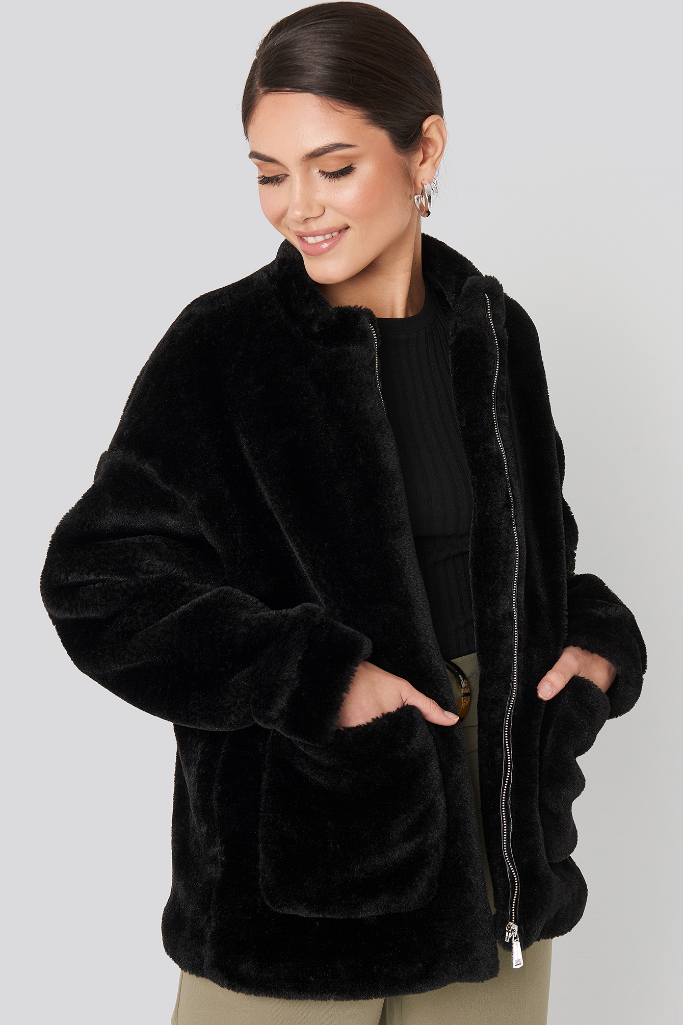 black collarless faux fur jacket