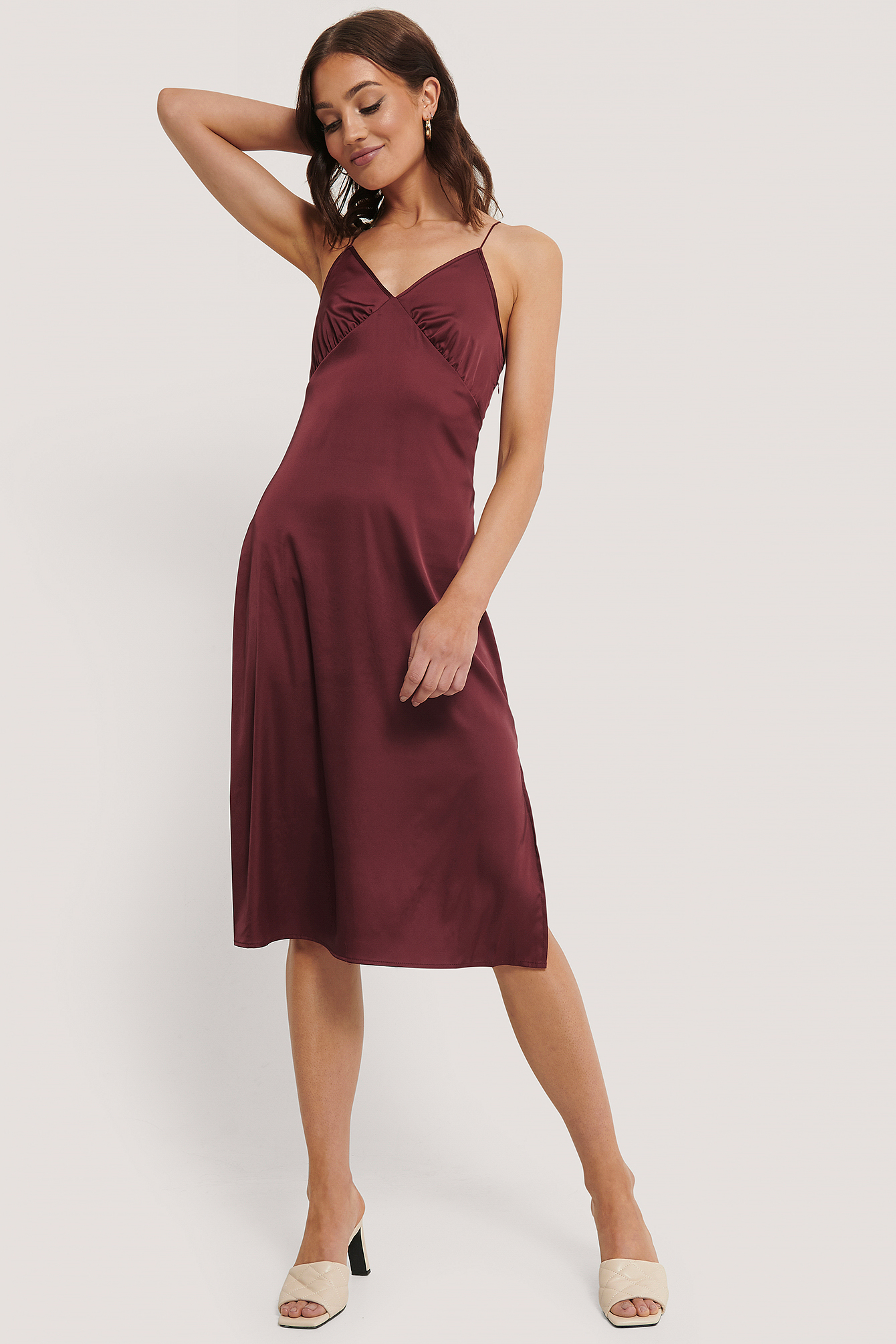 burgundy satin slip dress