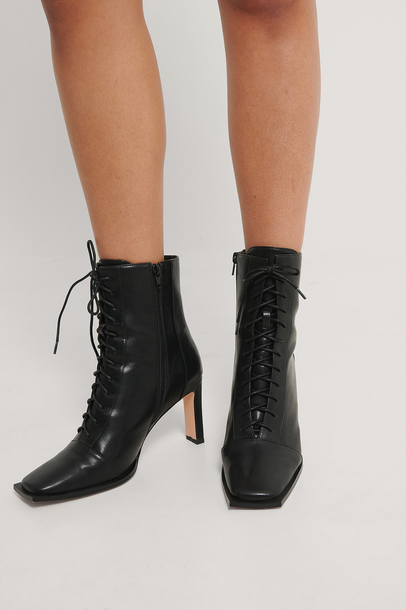 Squared Toe Lace Up Boots Black