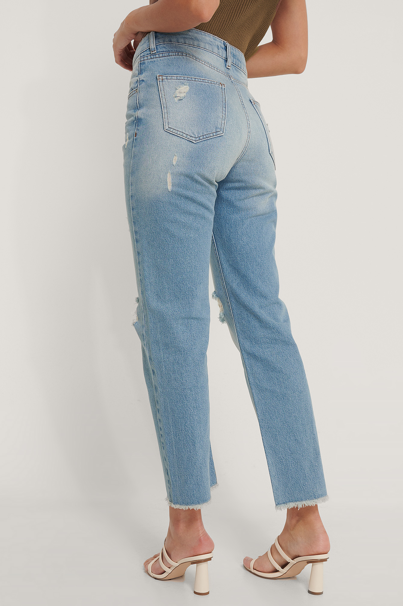 Straight Destroyed Fringed Hem Jeans Blue | na-kdlounge.com