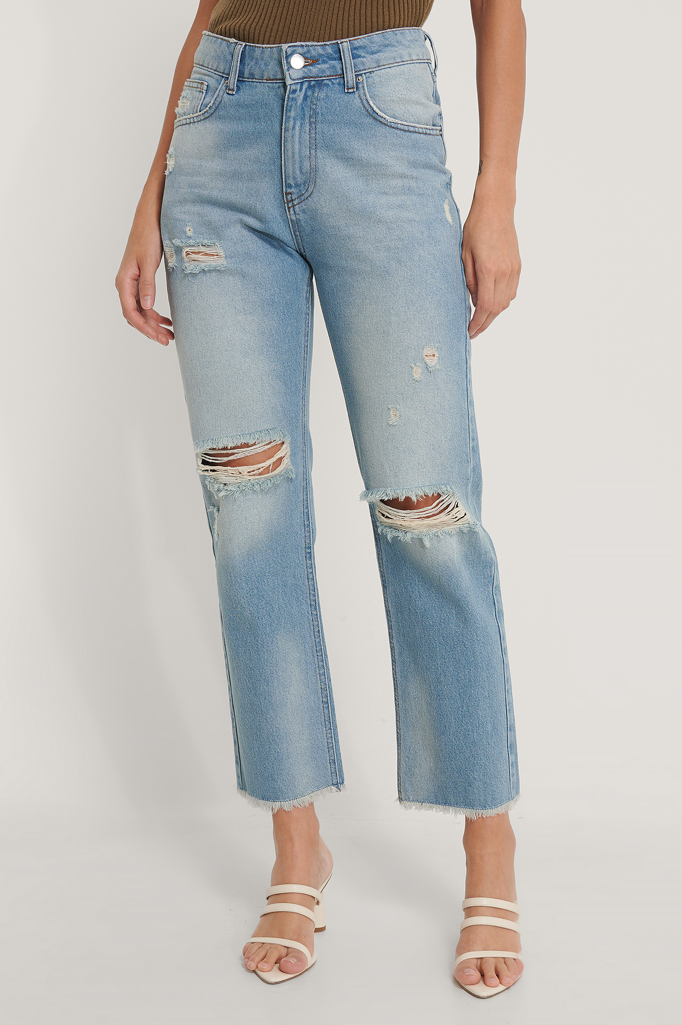 Straight Destroyed Fringed Hem Jeans Blue
