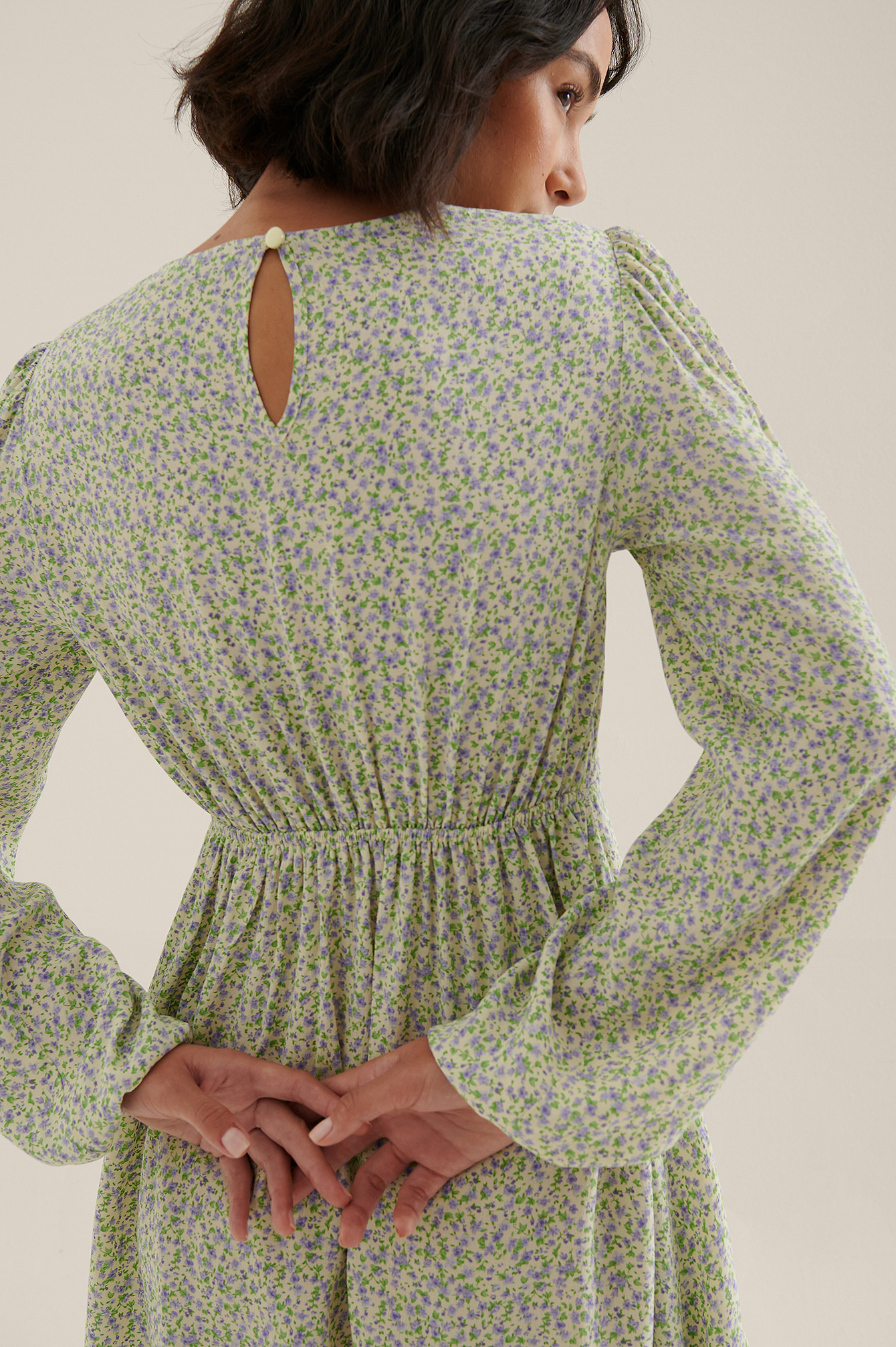 Green/Lilac Round Neck Curved Waist Mini Dress