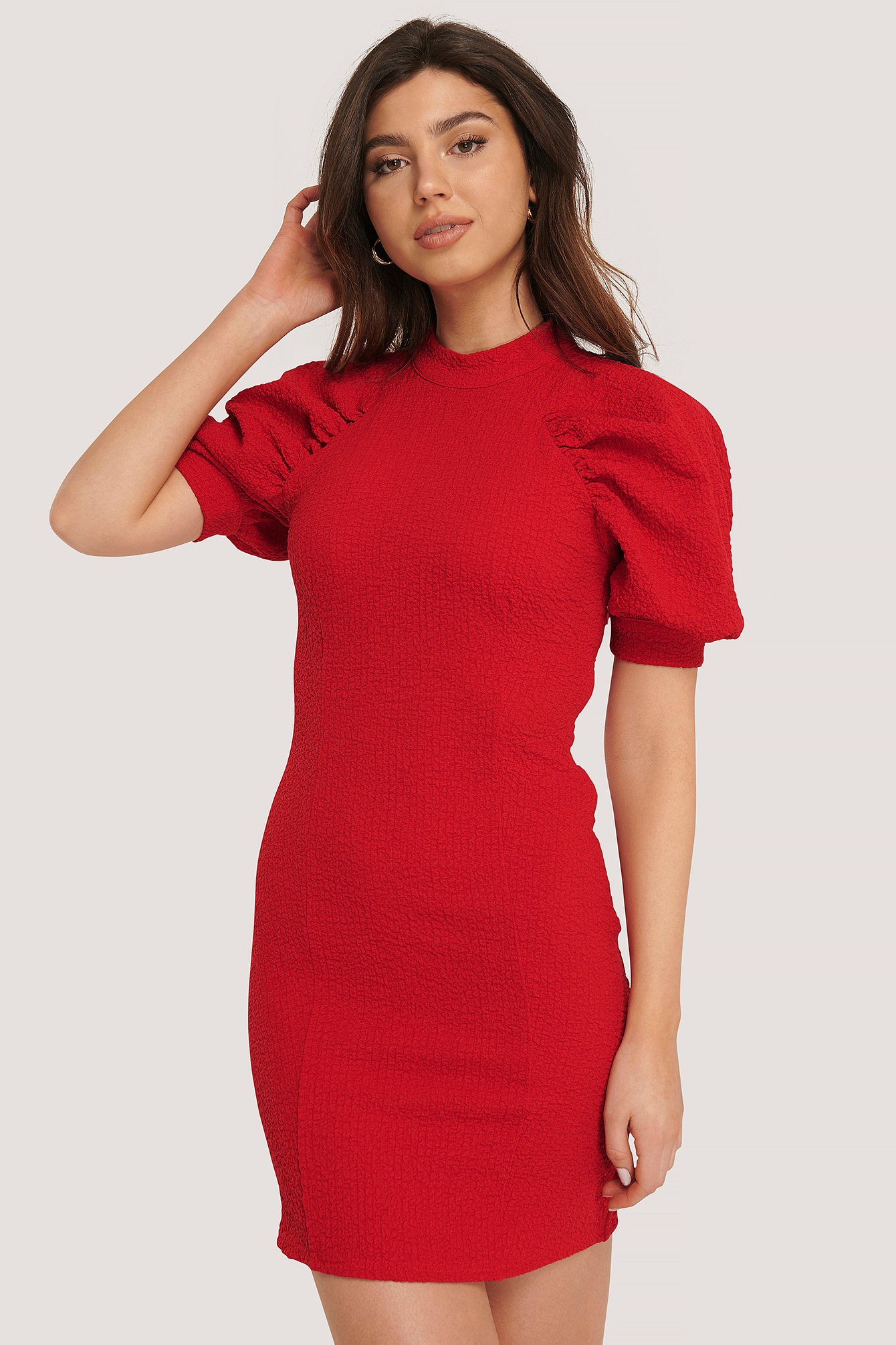 Red Structured Fitted Puff Sleeve Dress