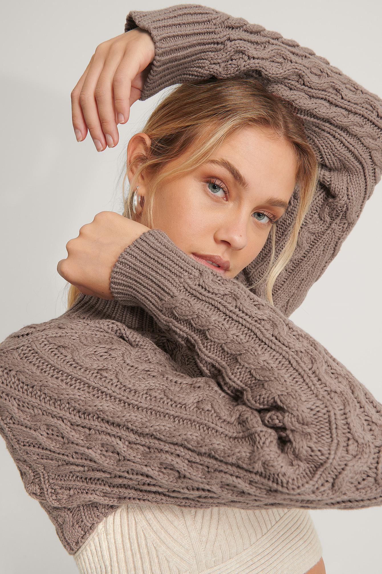 Nougat Super Short Cable Knit Sweater