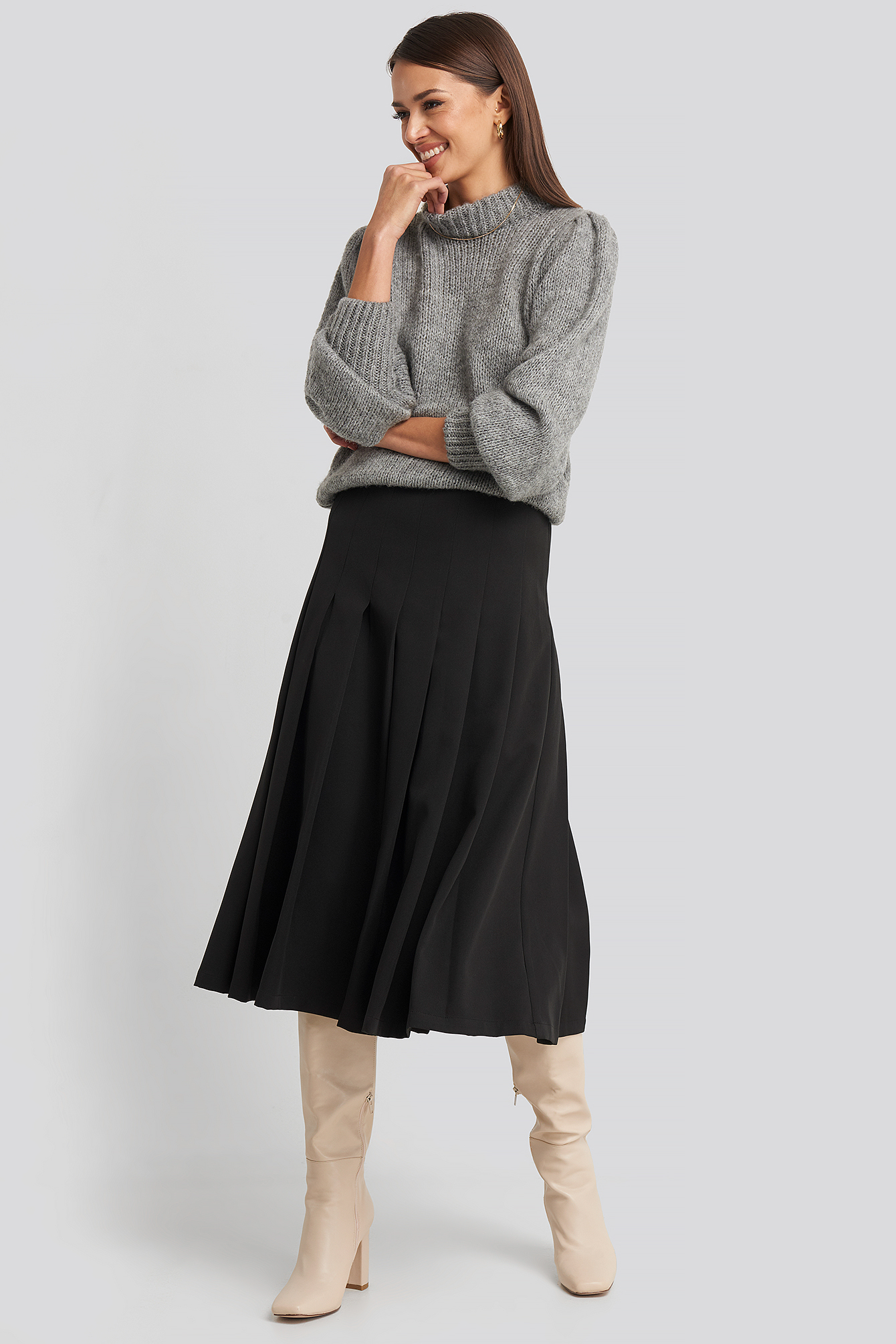 Black Tailored Pleated Midi Skirt