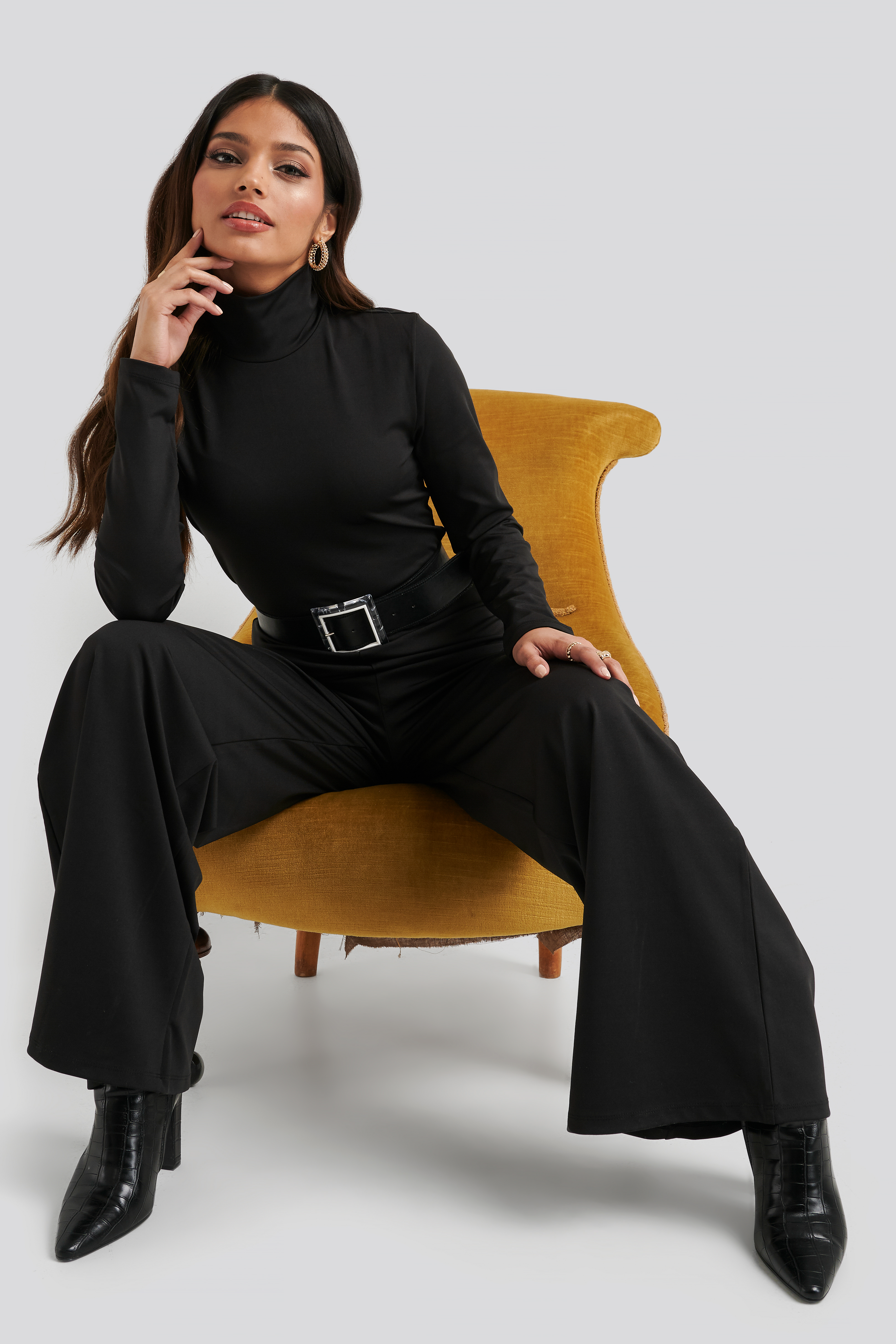 black roll neck long sleeve jumpsuit