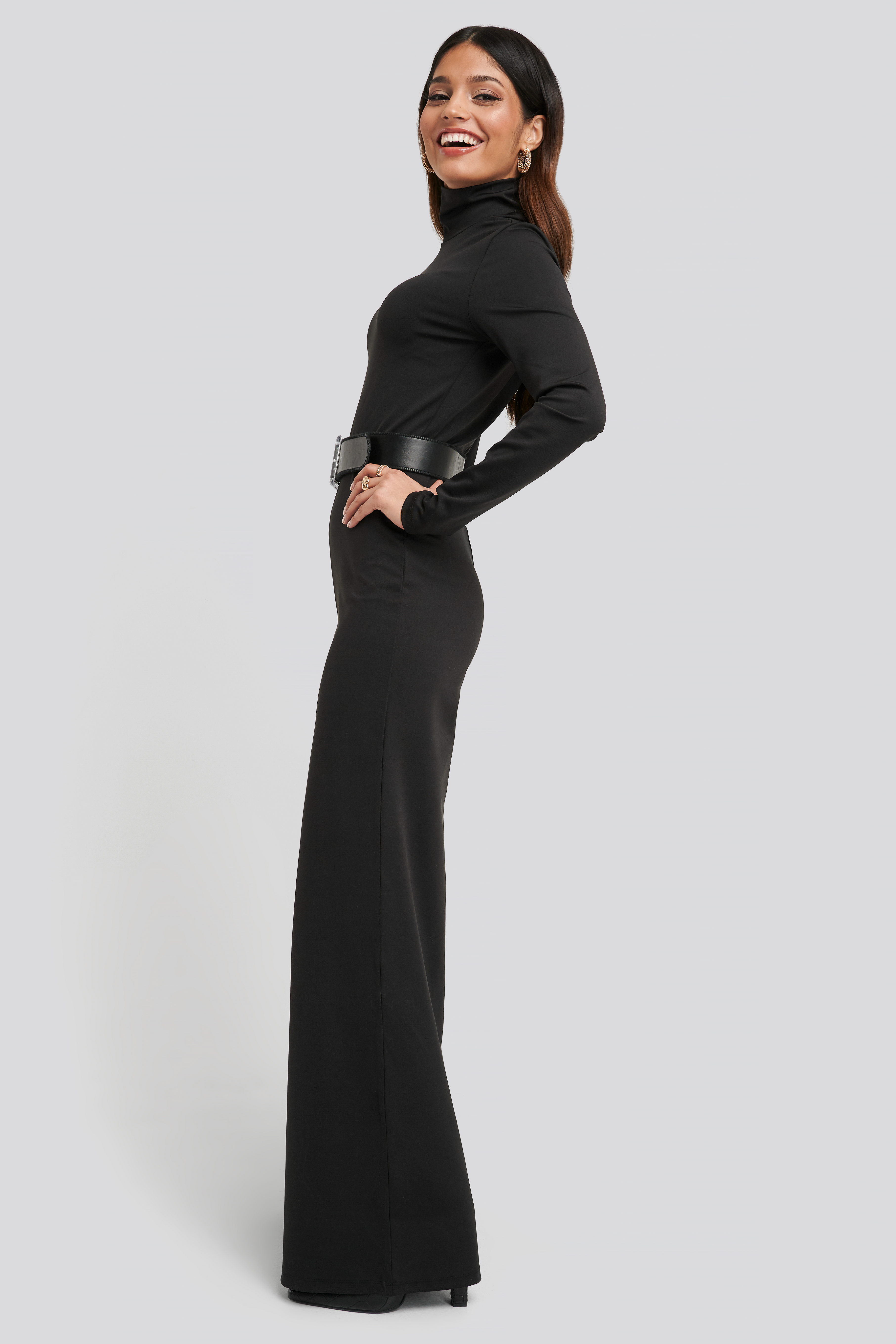 black roll neck long sleeve jumpsuit