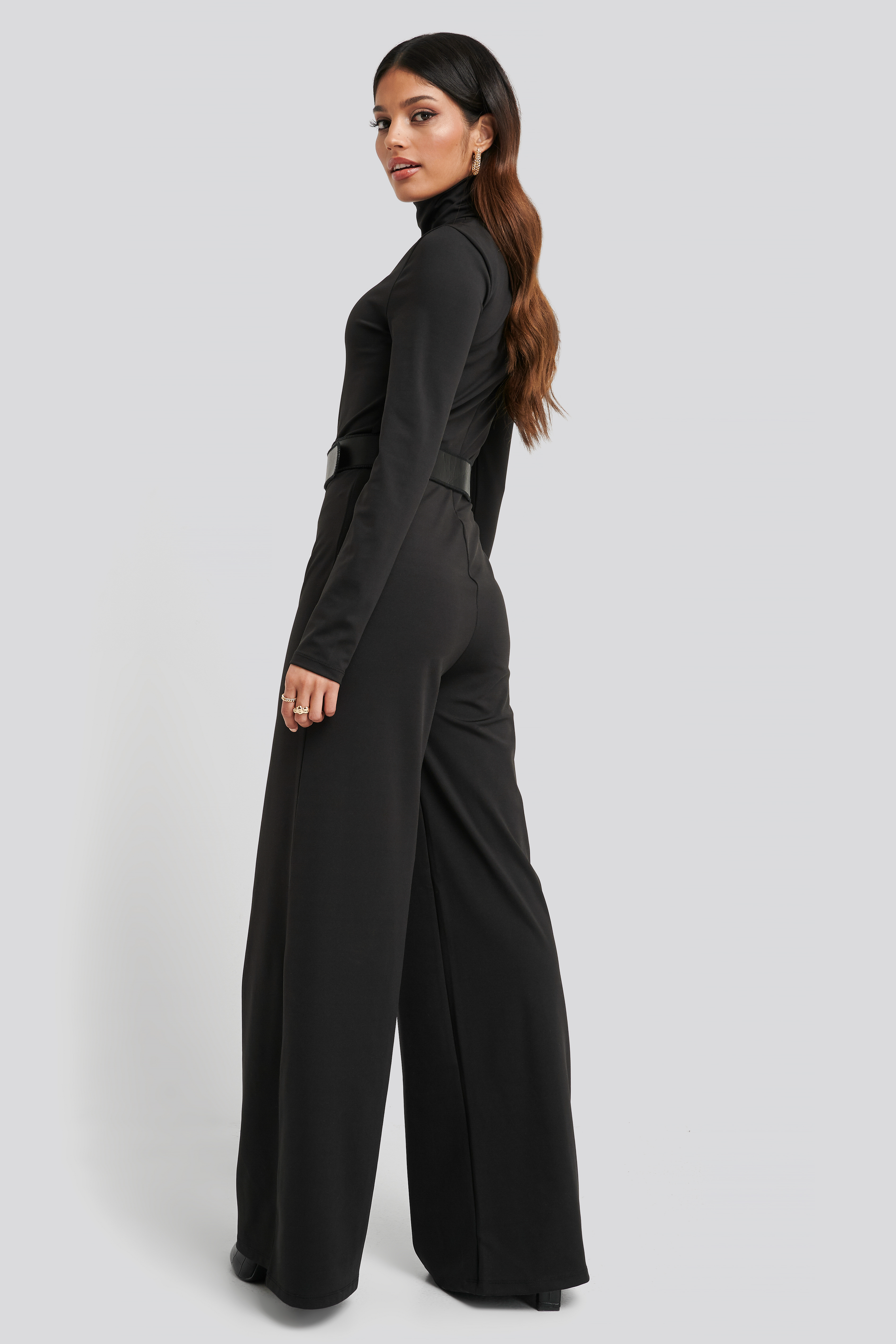 black roll neck long sleeve jumpsuit