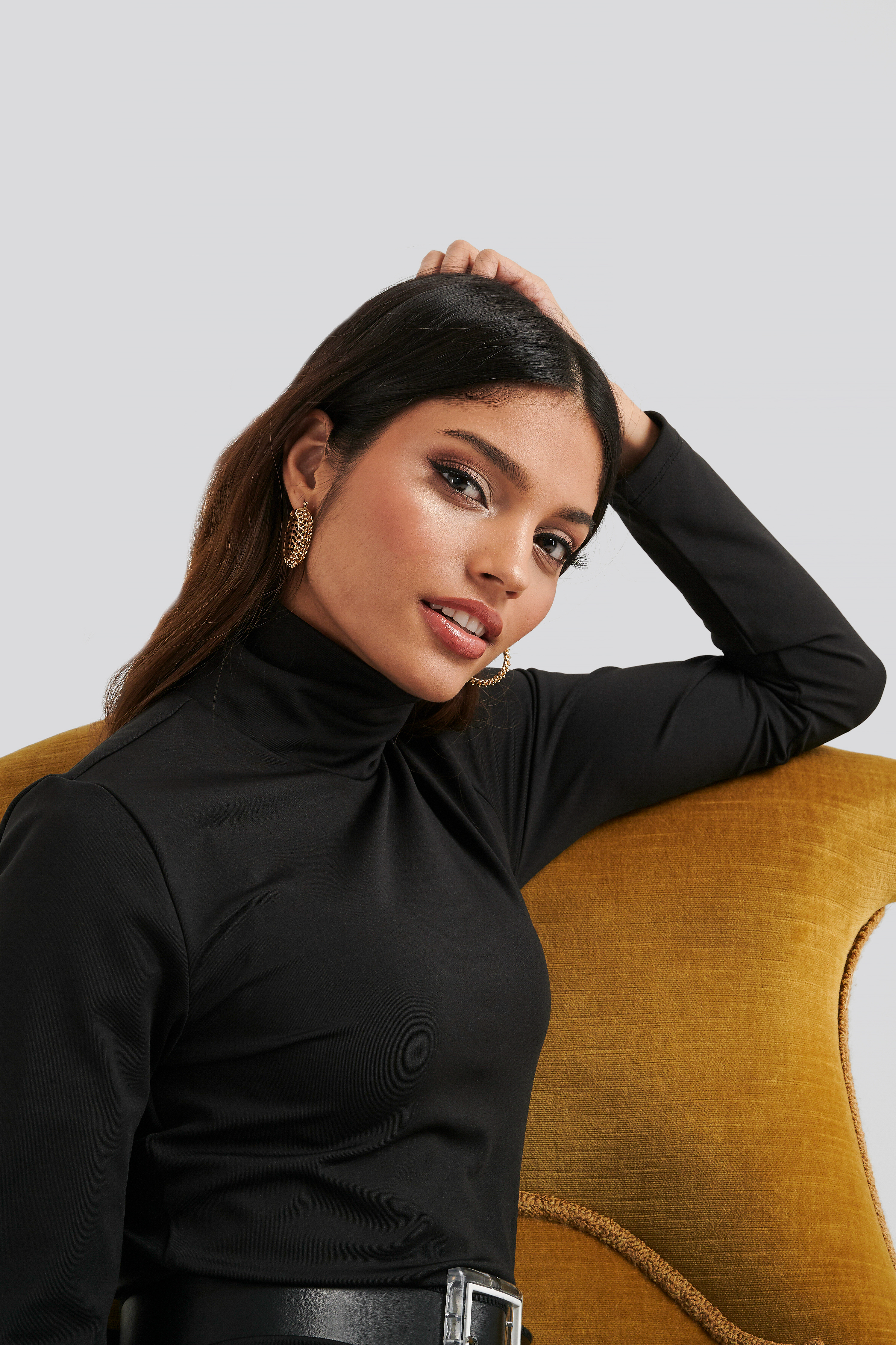 black roll neck long sleeve jumpsuit