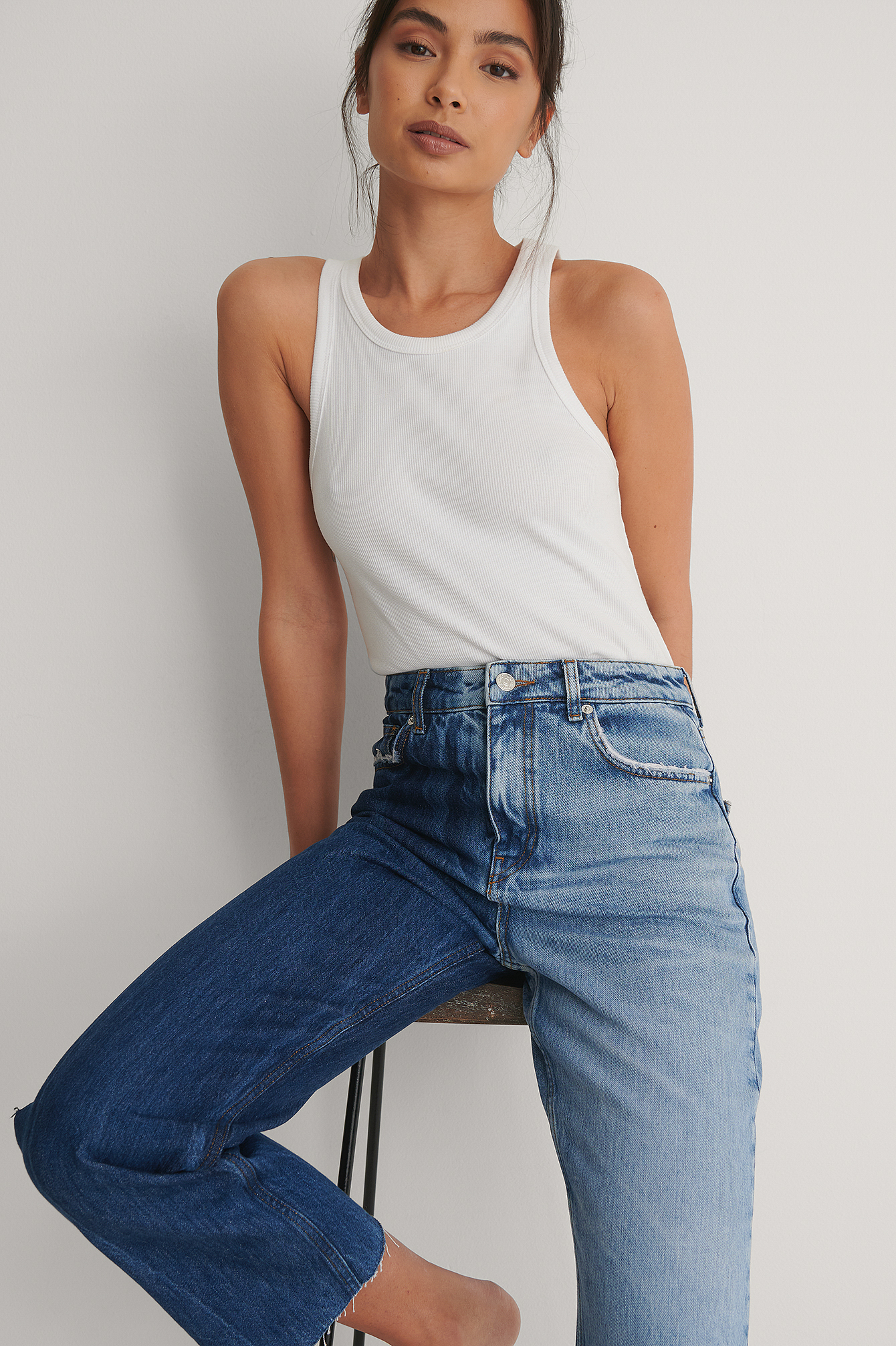 Blue Organic Two Toned Straight High Waist Raw Jeans