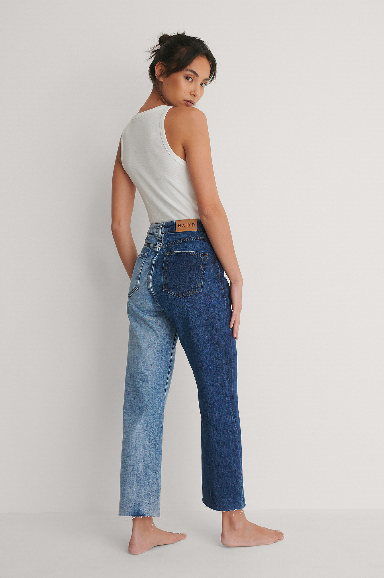 Blue Organic Two Toned Straight High Waist Raw Jeans