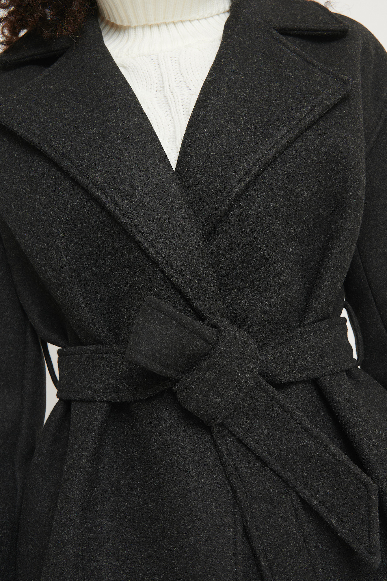 Wool Blend Belted Short Coat Black