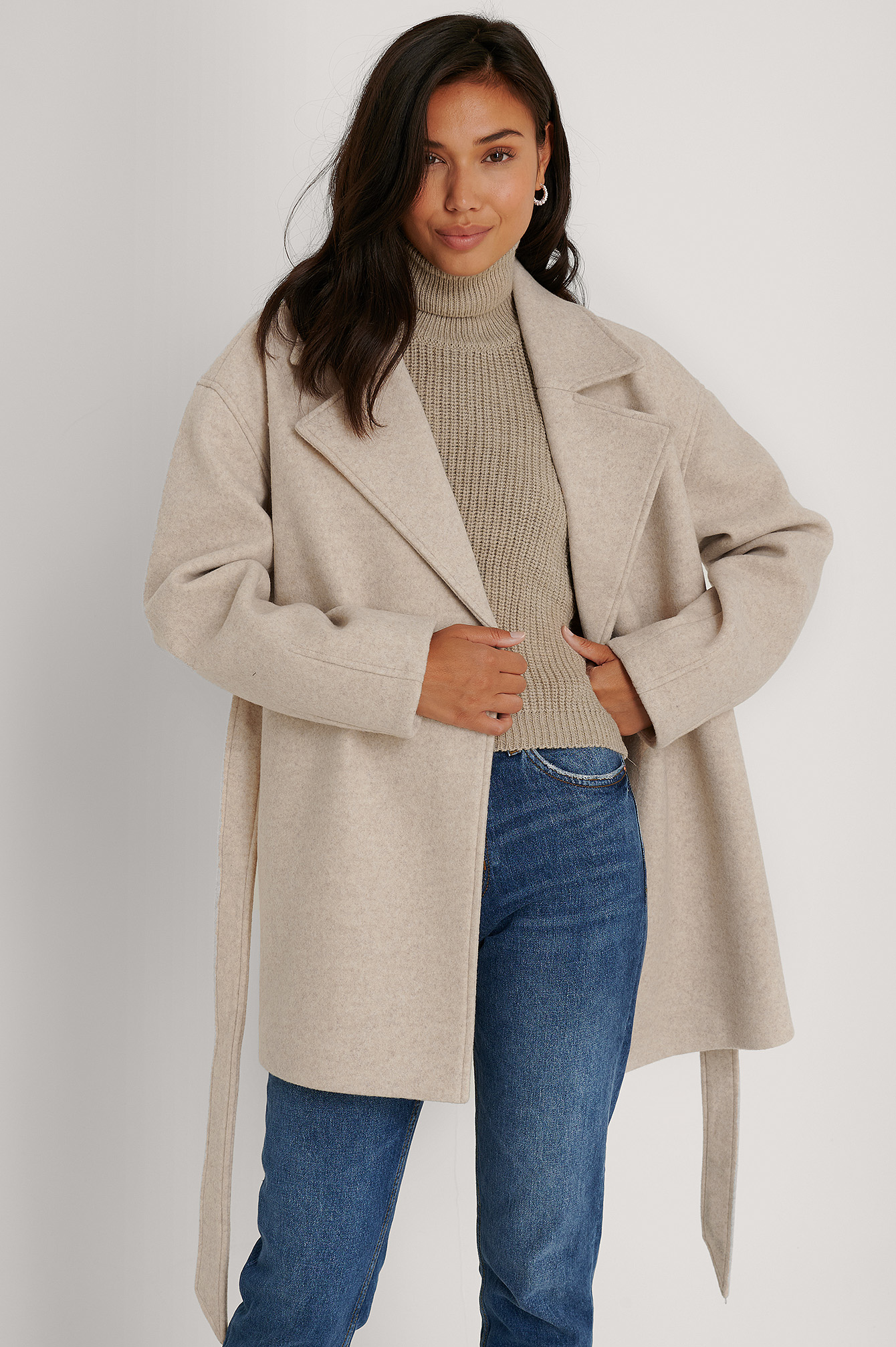 beige belted wool coat