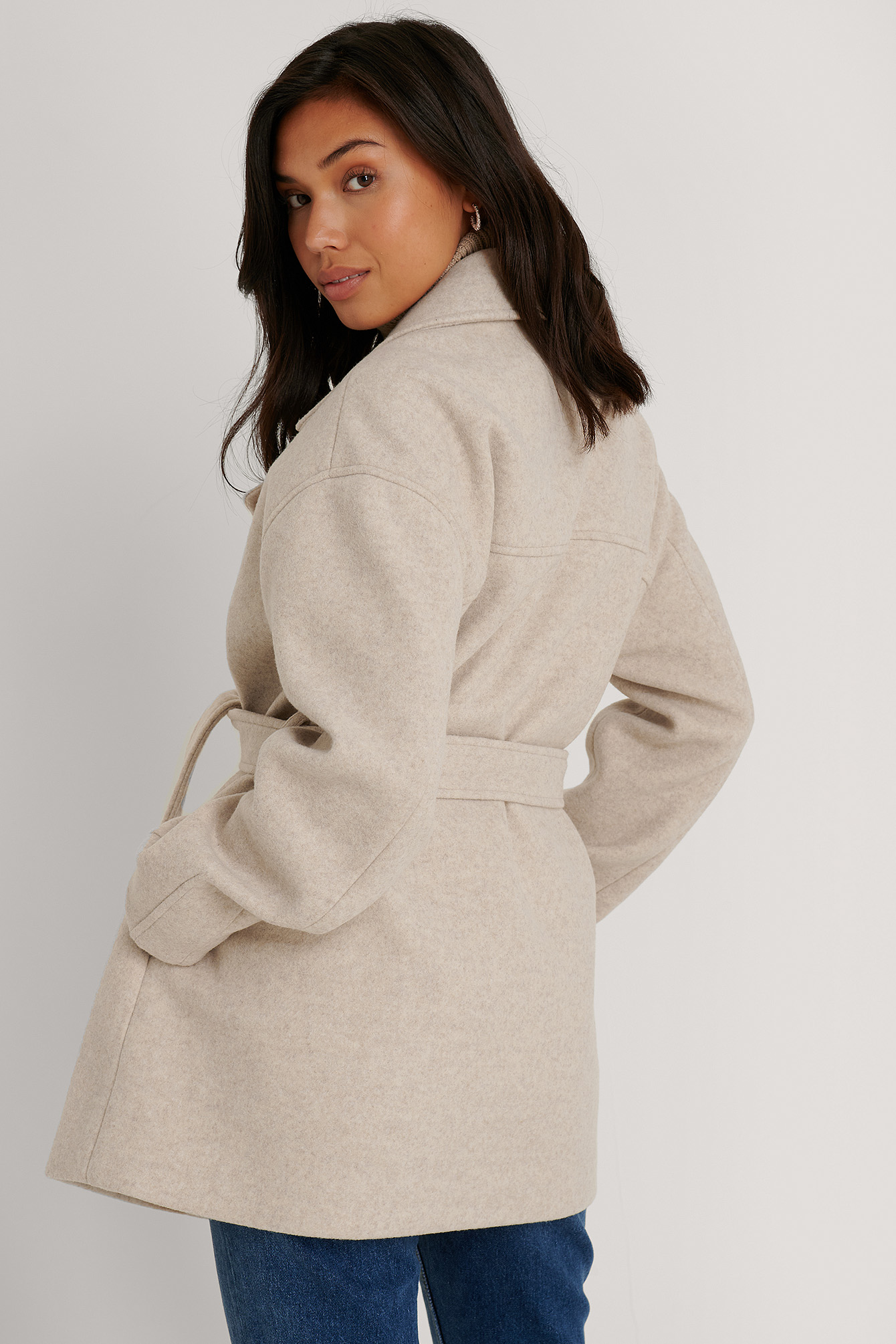 Wool Blend Belted Short Coat Beige