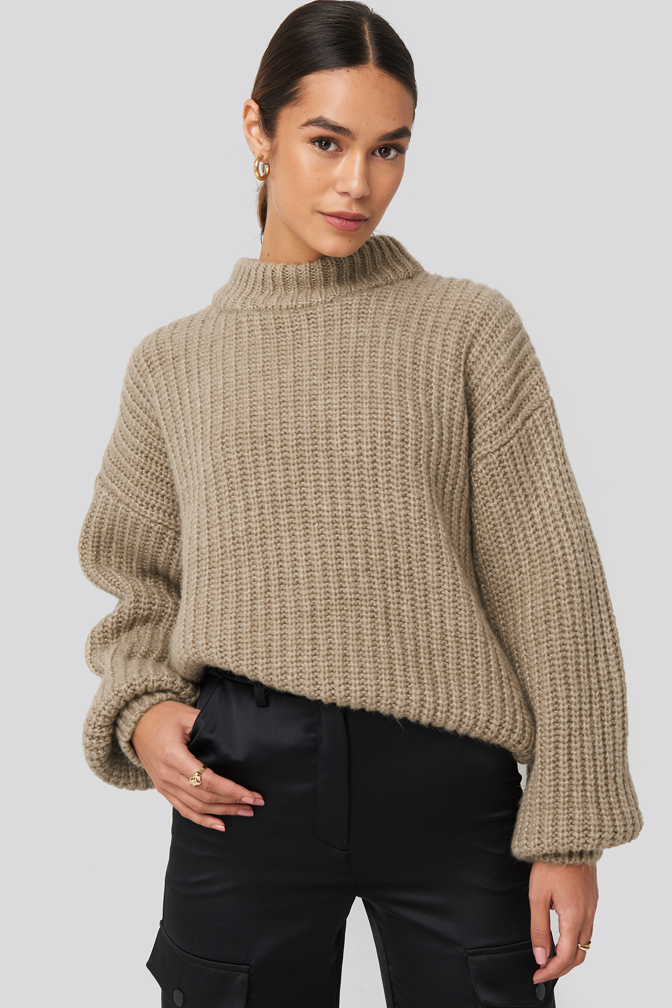 Round Neck Knitted Sweater Beige | na-kdlounge.com